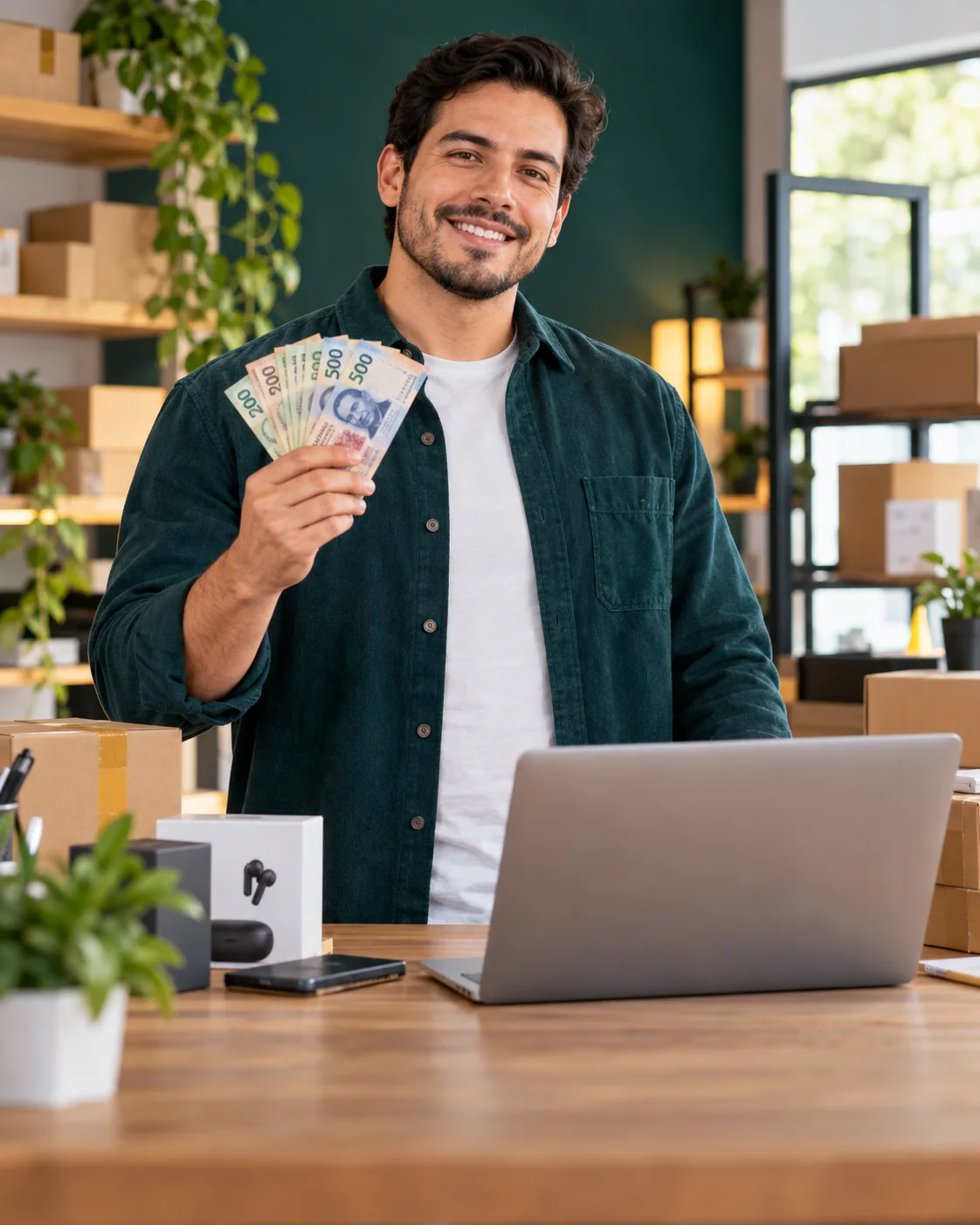 Imagen ilustrativa de un emprendedor de tienda online sonriendo con dinero en la mano