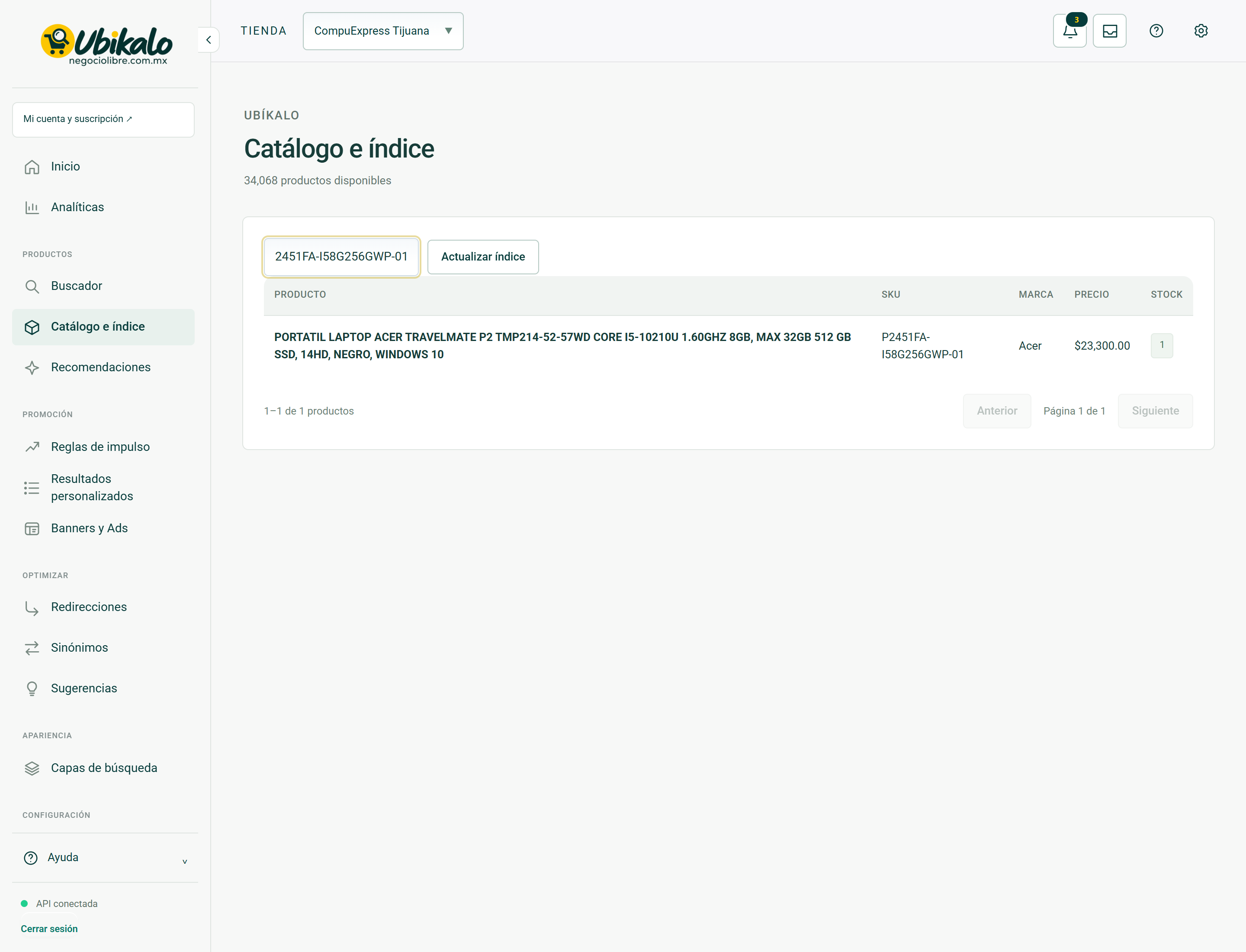 Actual panel screen: Catalog and index. Hidden private fields.