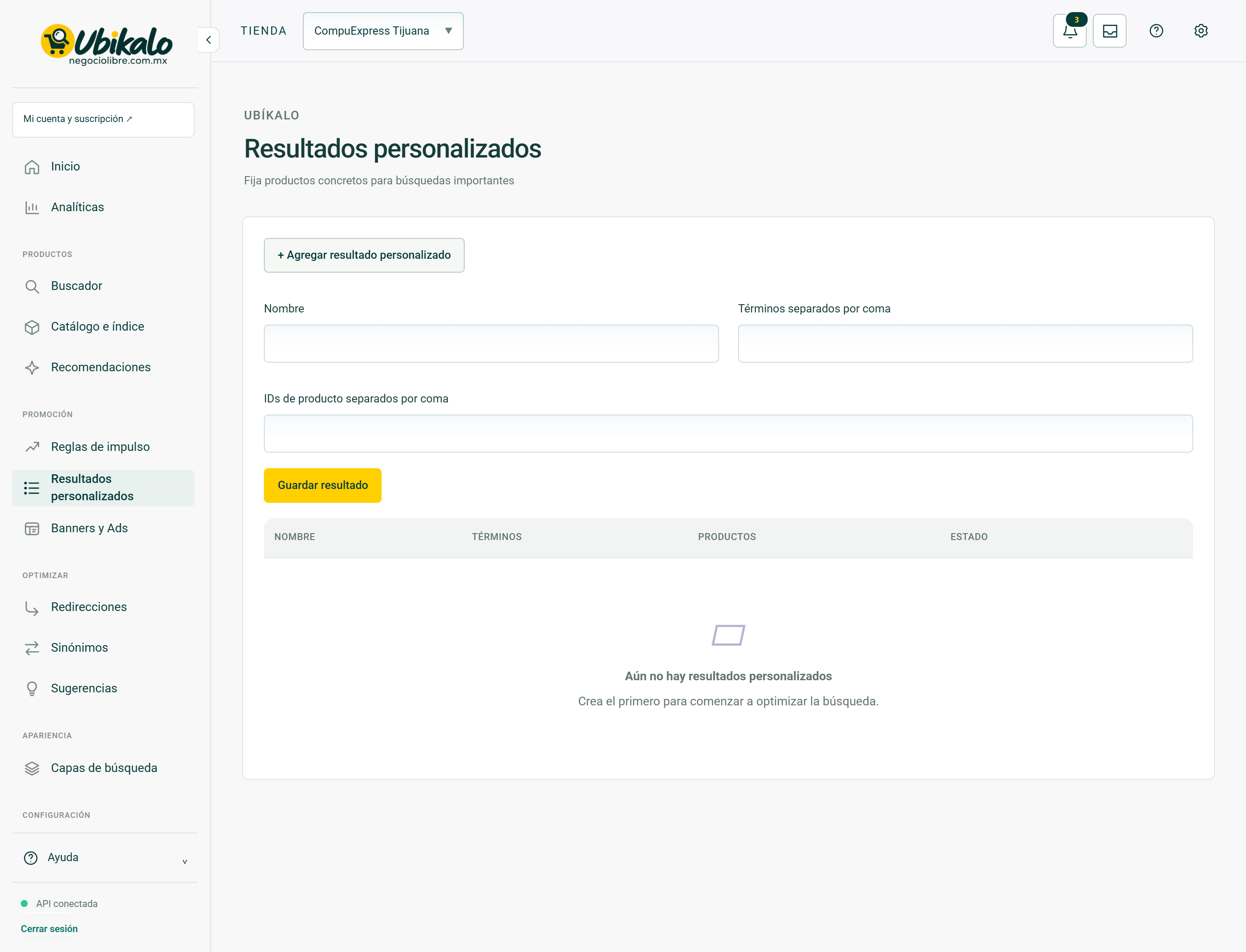 Pantalla real del panel: Resultados personalizados · Formularios y ayudas. Campos privados ocultos.