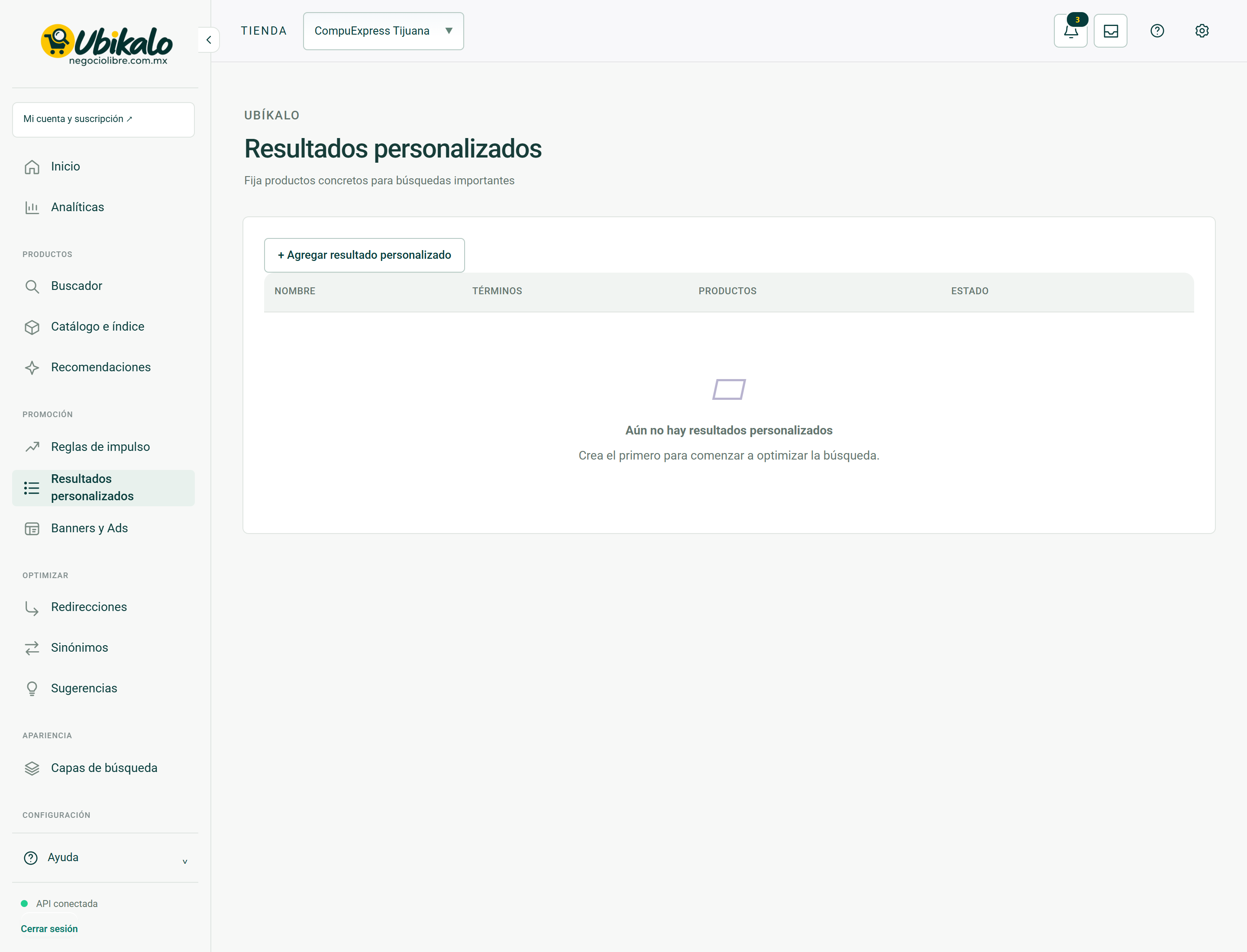 Pantalla real del panel: Resultados personalizados. Campos privados ocultos.