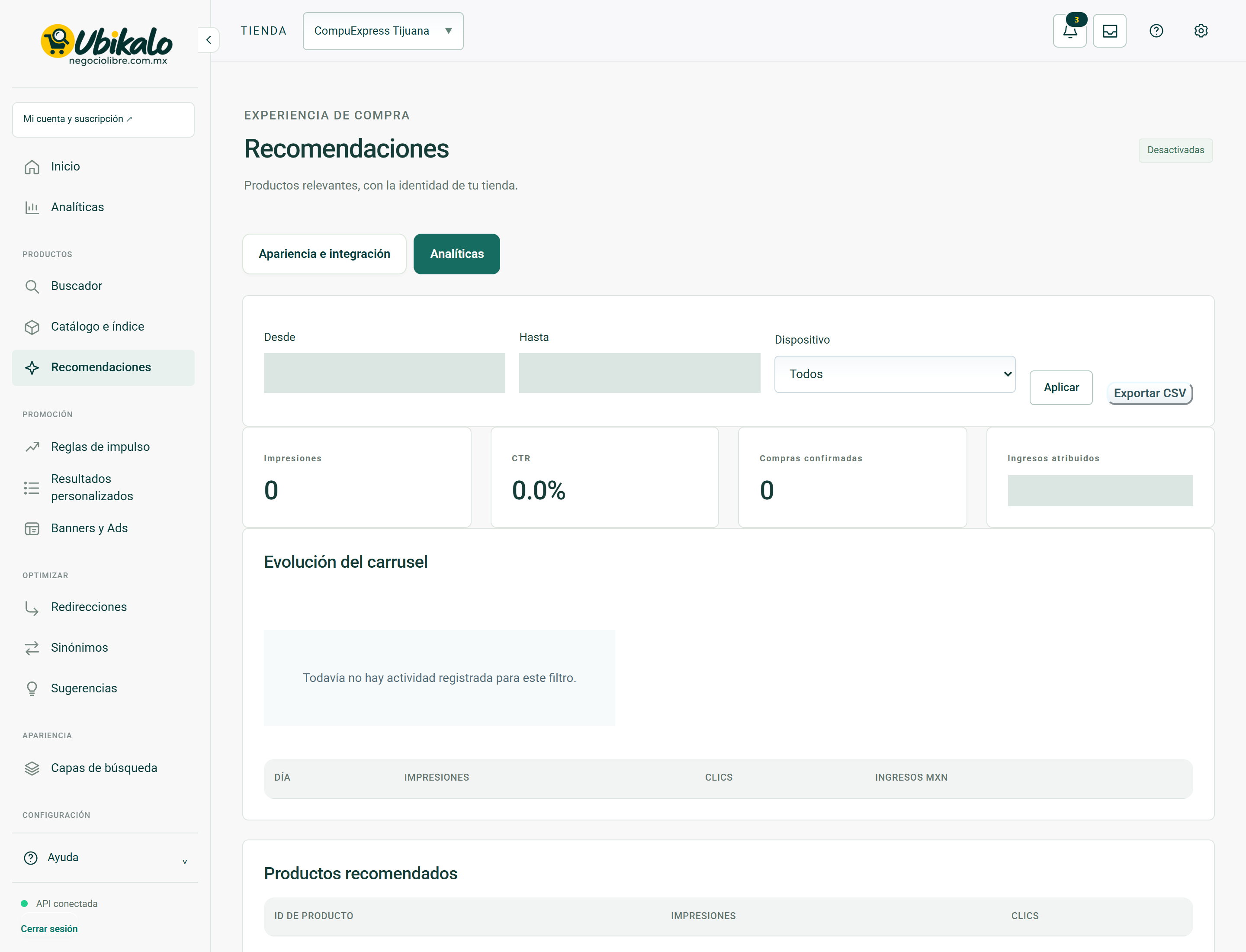 Actual panel screen: Recommendations · Analytics. Hidden private fields.