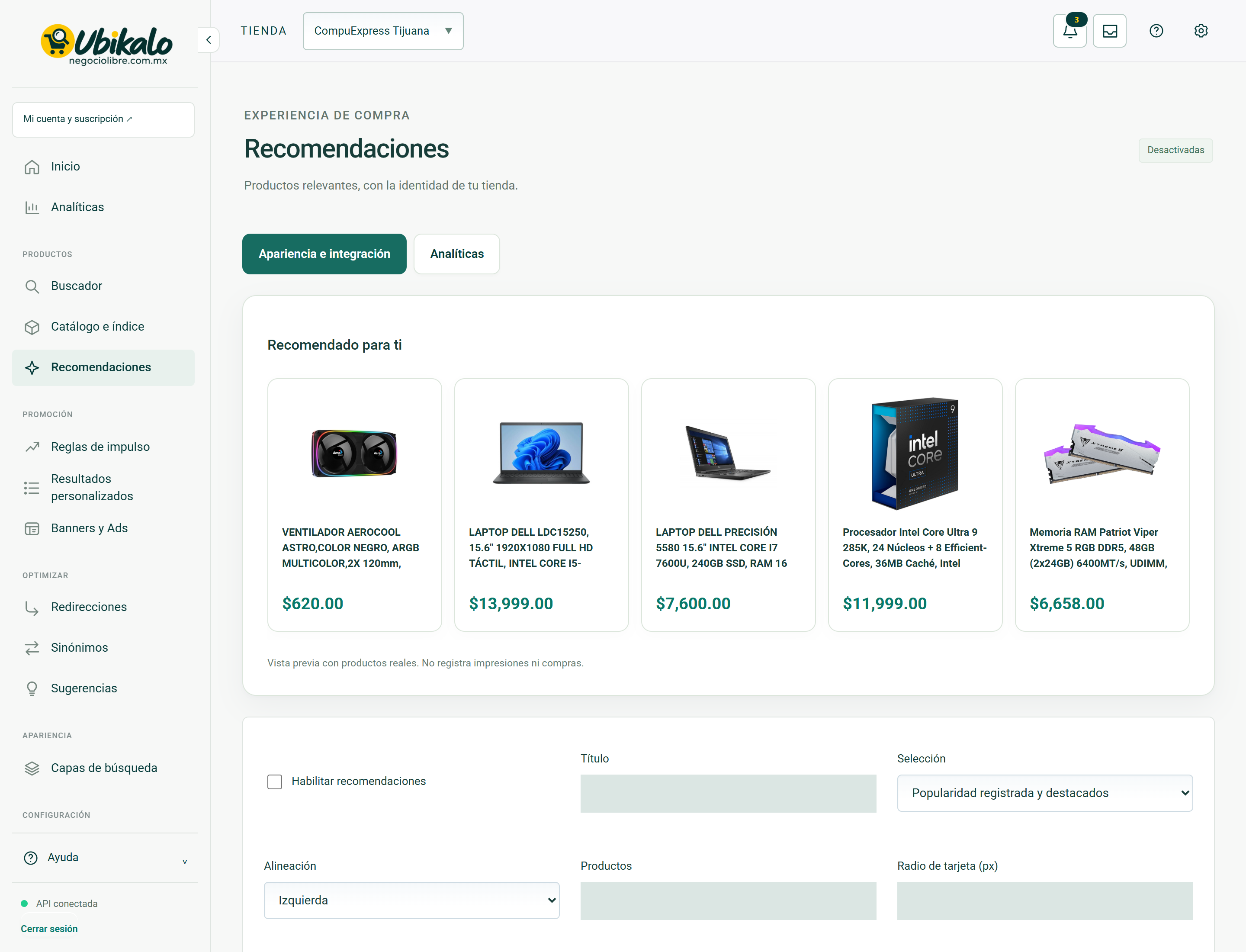 Actual panel display: Recommendations. Hidden private fields.