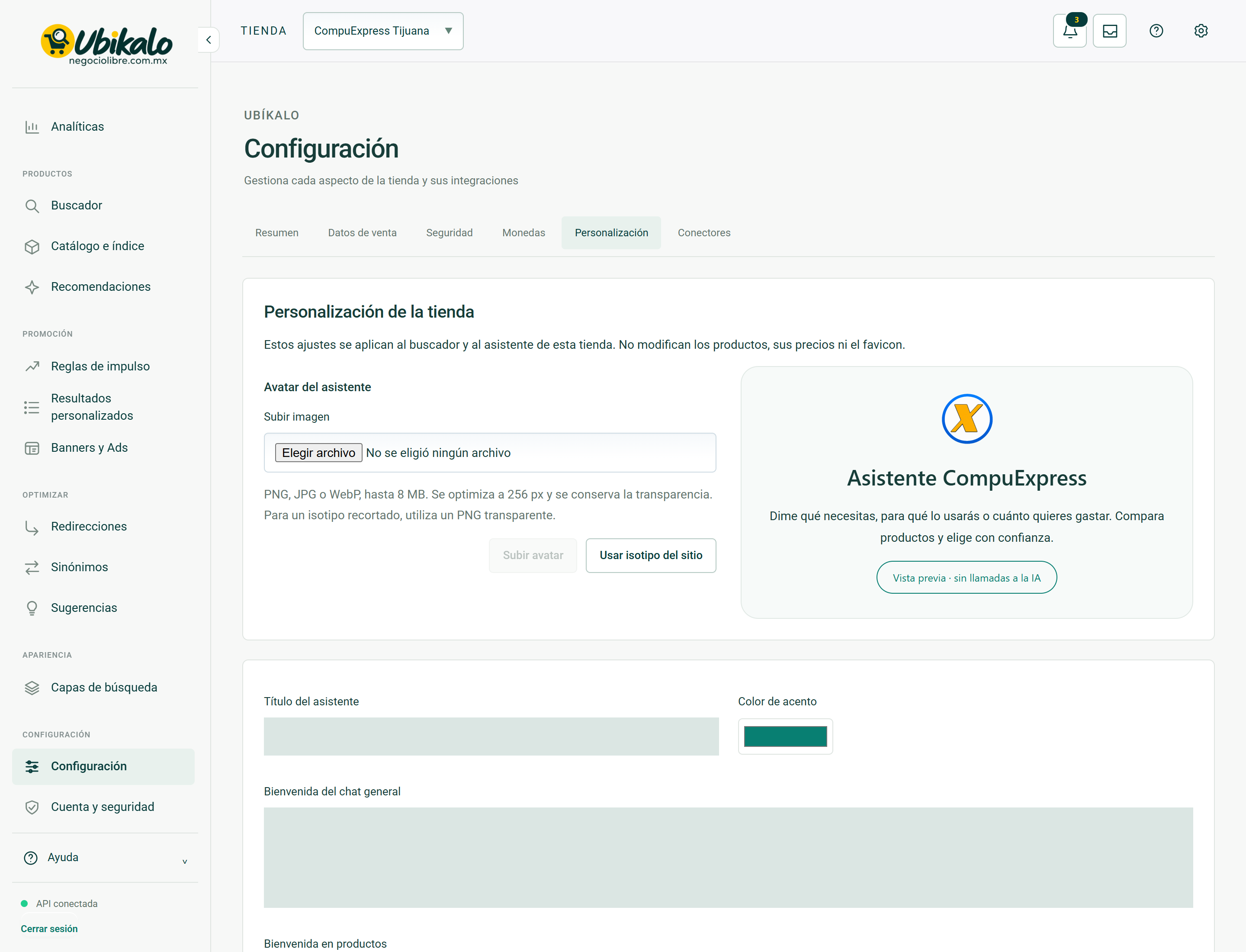 Actual panel screen: Configuration · Personalization. Hidden private fields.
