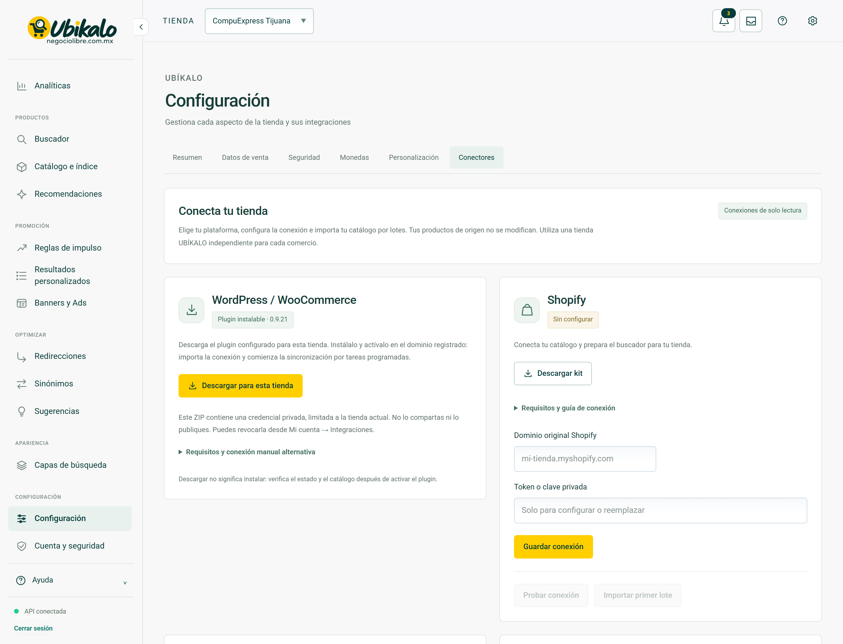 Actual panel screen: Configuration · Connectors. Hidden private fields.