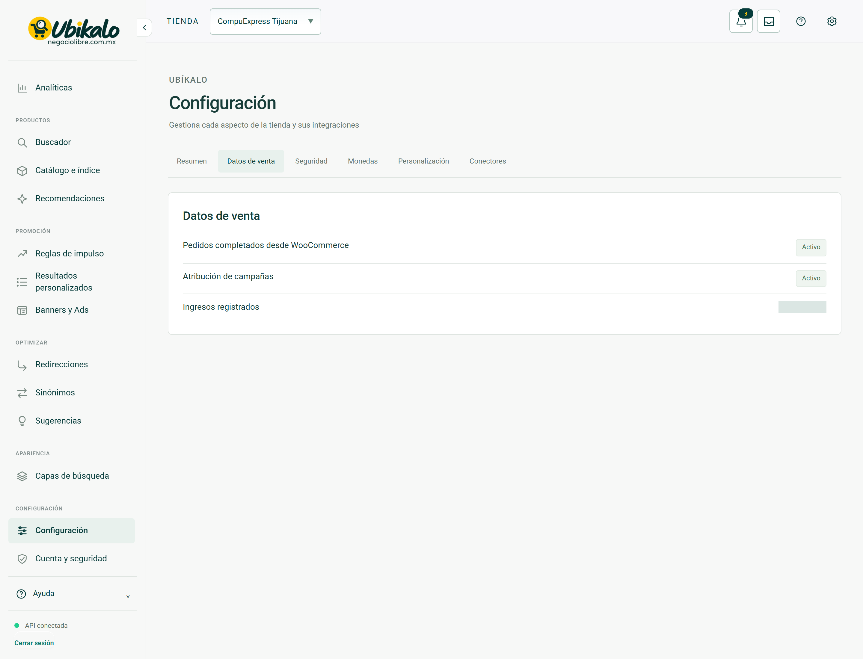 Actual panel screen: Configuration · Sales data. Hidden private fields.