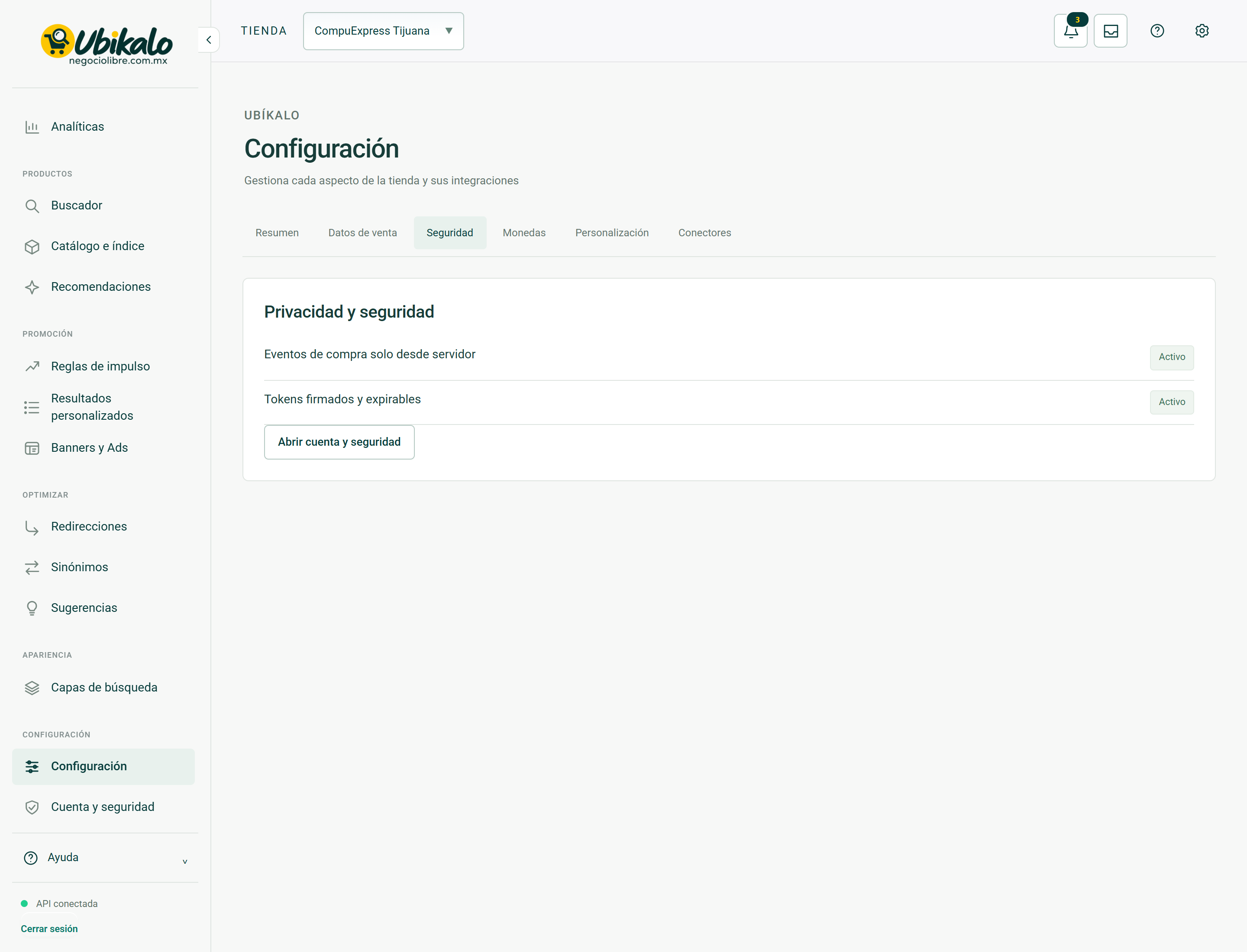 Actual panel screen: Settings · Security. Hidden private fields.