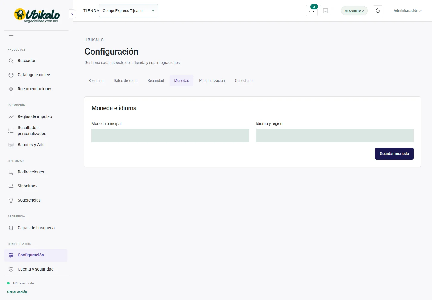 Pantalla real del panel: Configuración · Monedas. Campos privados ocultos.