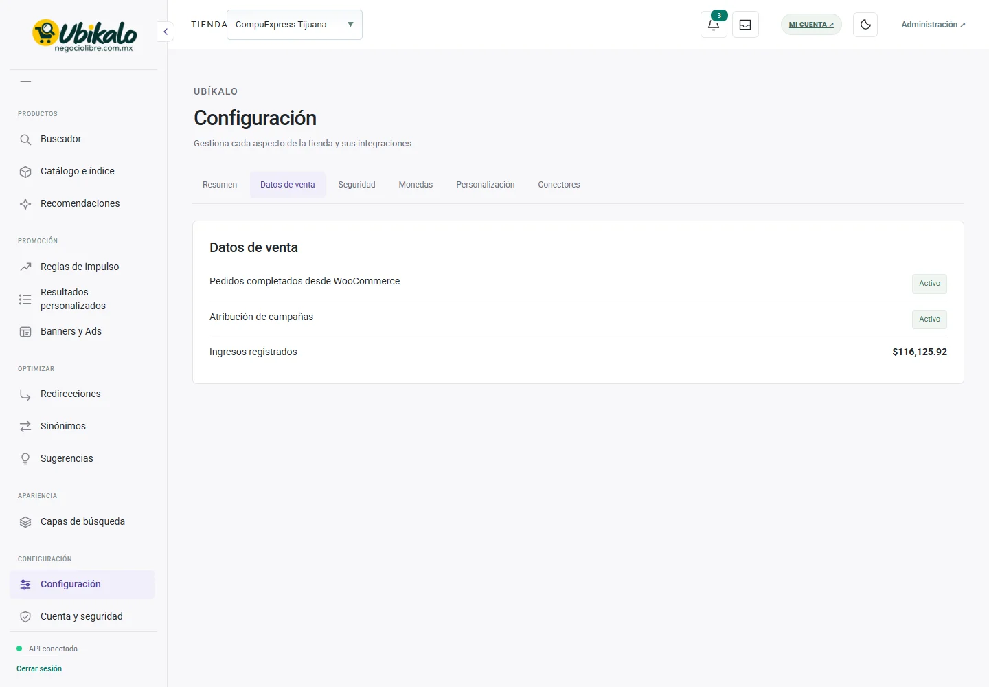 Pantalla real del panel: Configuración · Datos de venta. Campos privados ocultos.