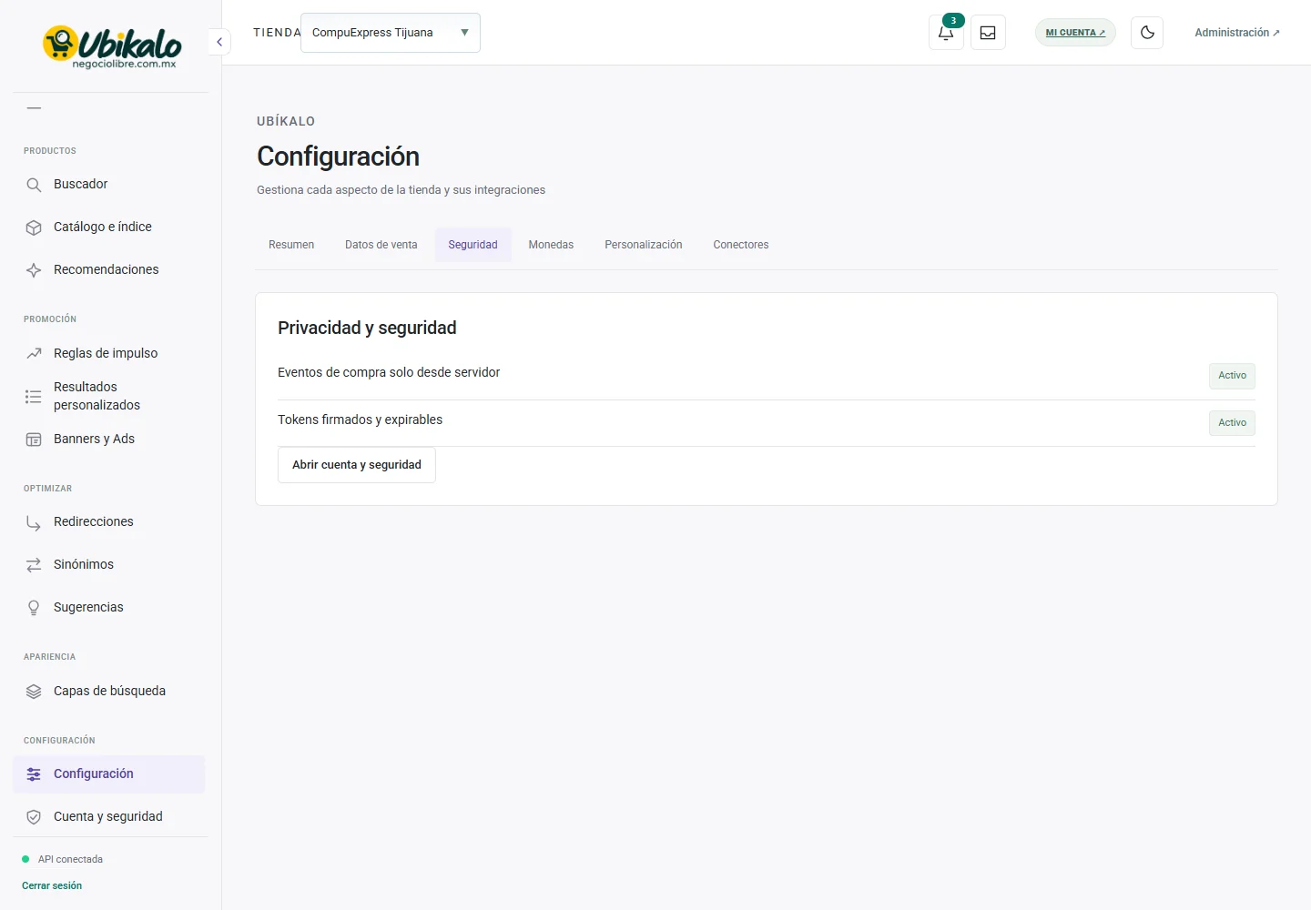 Pantalla real del panel: Configuración · Seguridad. Campos privados ocultos.