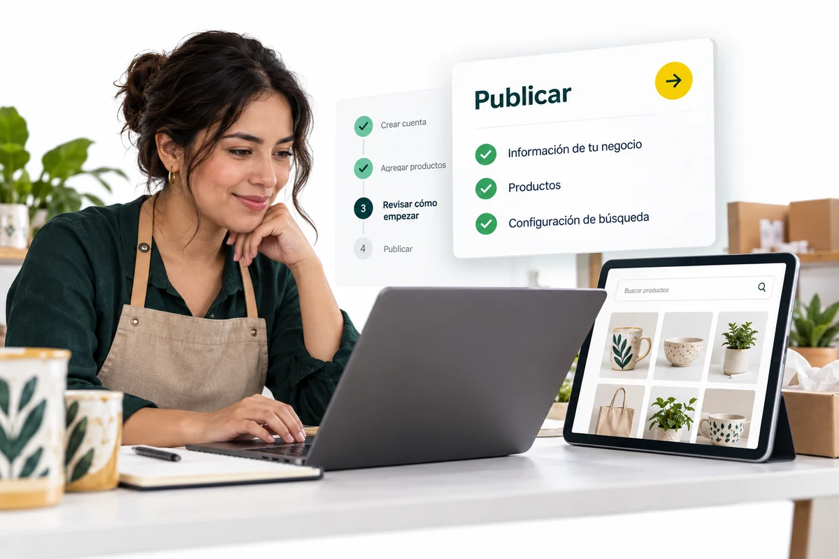 Publica después de probar el recorrido completo. Visualización conceptual de revisar cómo empezar.