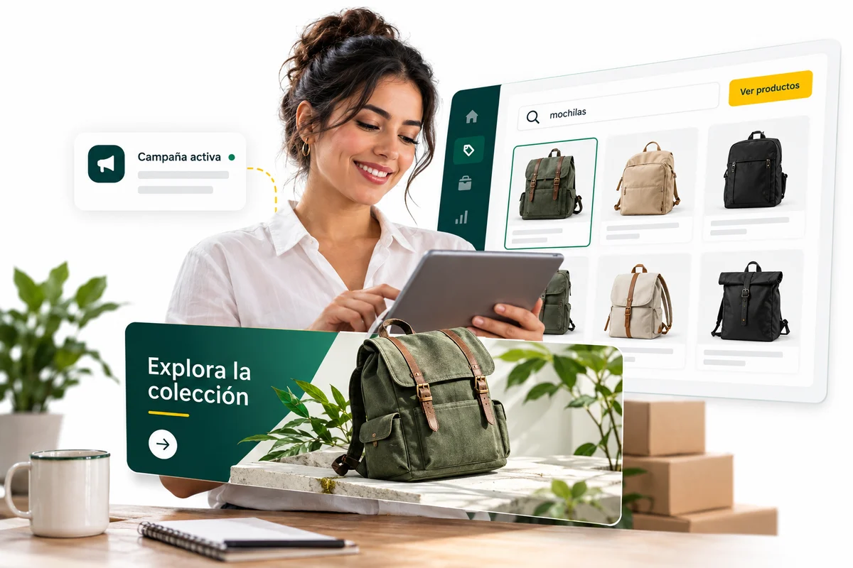 Comerciante con una campaña de colección superpuesta a una cuadrícula de productos.