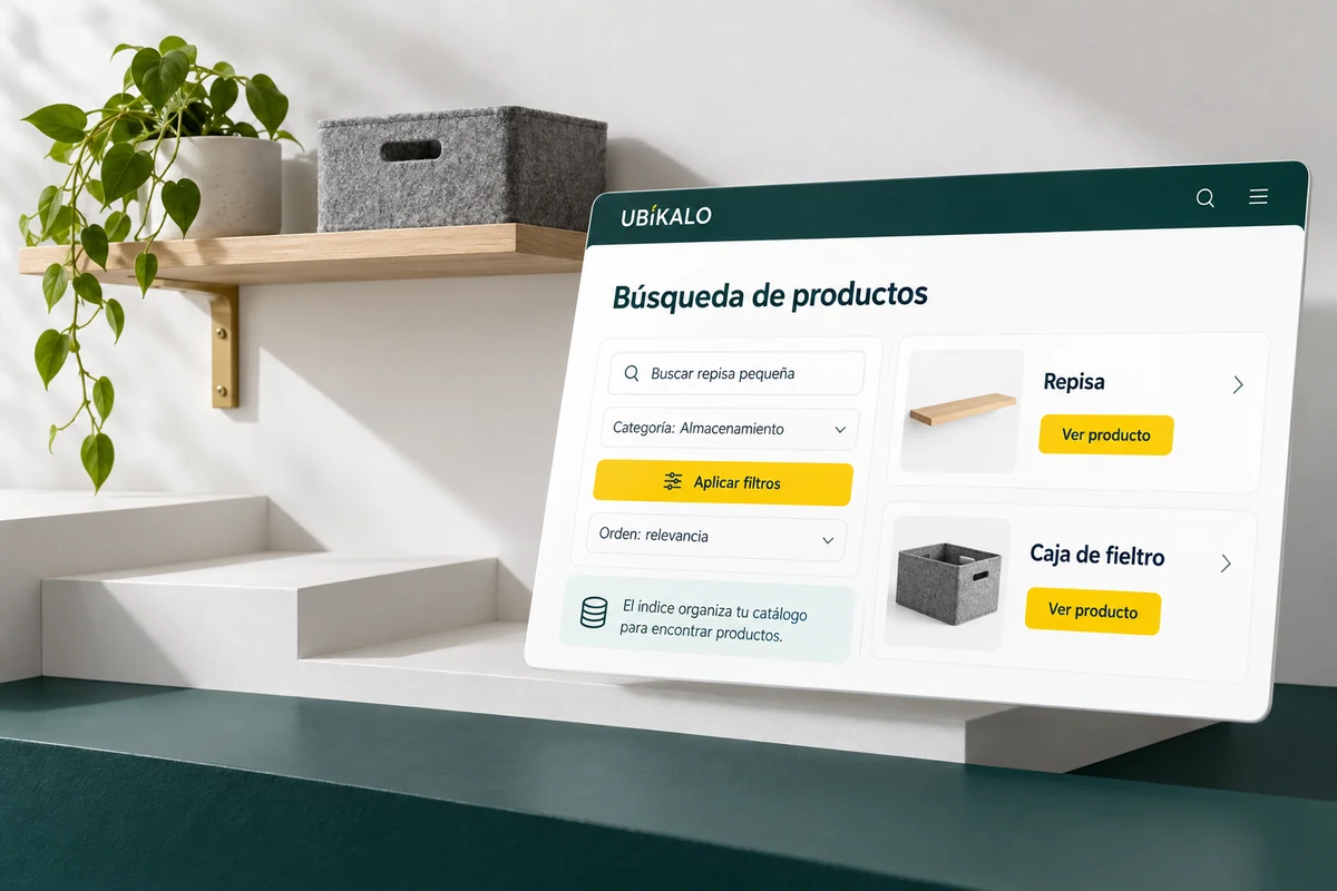 Ilustración de UBÍKALO: Búsqueda de productos. Buscar repisa pequeña. Vista general para UBÍKALO: alternativa a Doofinder en México.