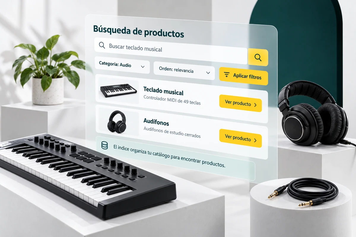 Ilustración de UBÍKALO: Búsqueda de productos. Buscar teclado musical. Vista de configuración para UBÍKALO: alternativa a Doofinder en México.