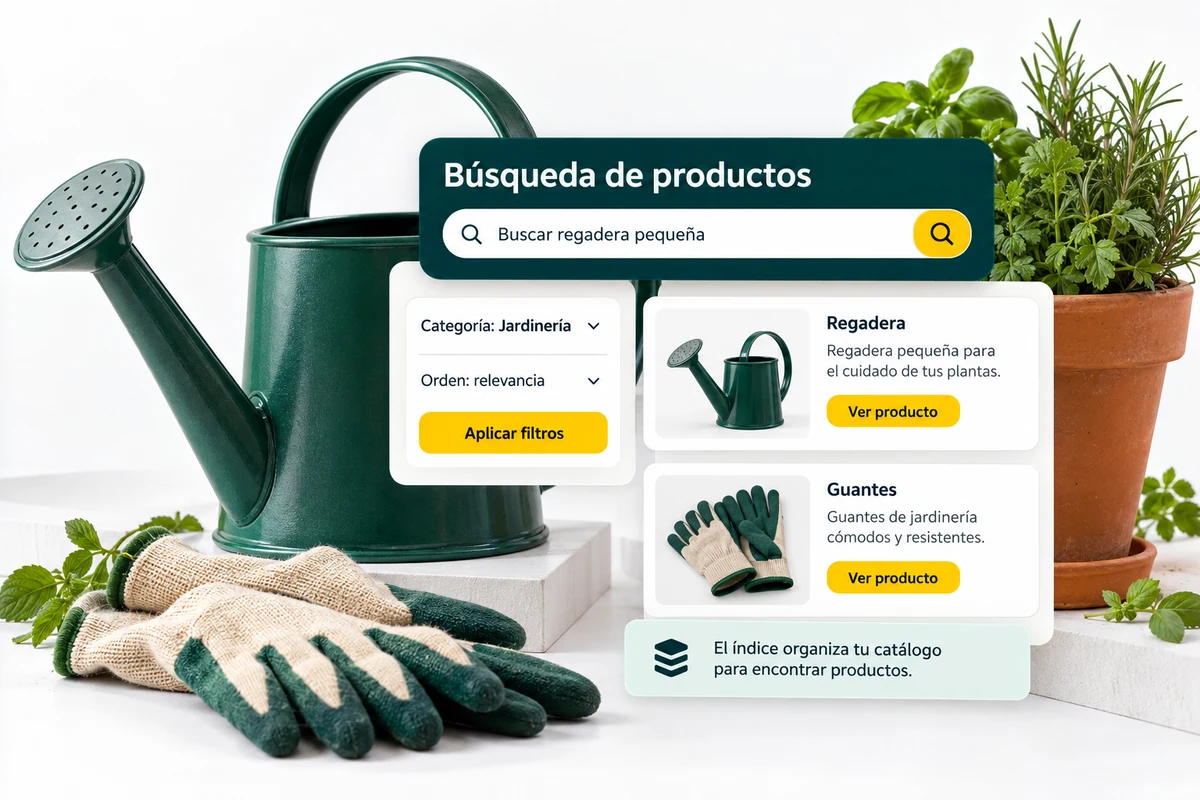 Ilustración de UBÍKALO: Búsqueda de productos. Buscar regadera pequeña. Vista de revisión para UBÍKALO: alternativa a Doofinder en México.