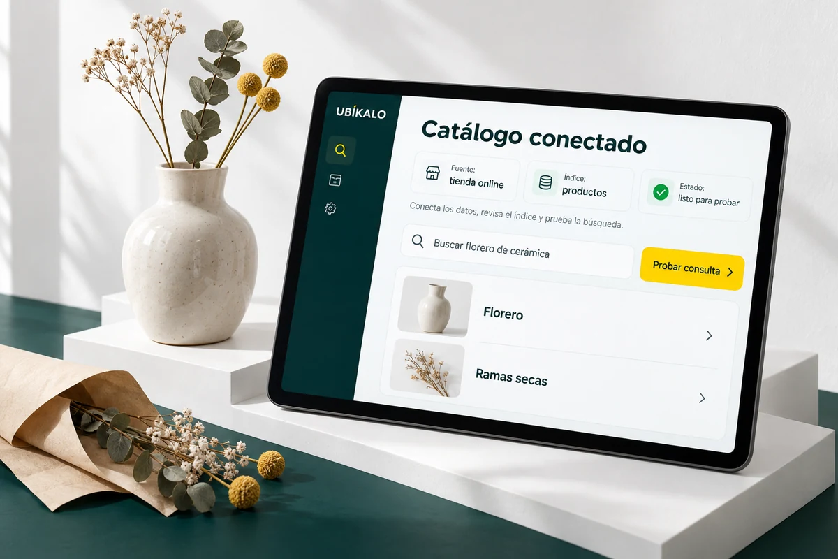 Ilustración de UBÍKALO: Catálogo conectado. Buscar florero de cerámica. Vista de configuración para UBÍKALO frente a Doofinder para tu WooCommerce.