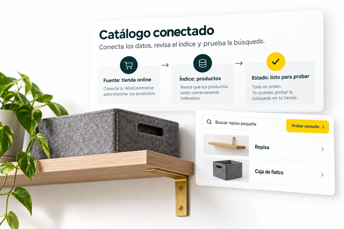 Ilustración de UBÍKALO: Catálogo conectado. Buscar repisa pequeña. Vista de revisión para UBÍKALO frente a Doofinder para tu WooCommerce.