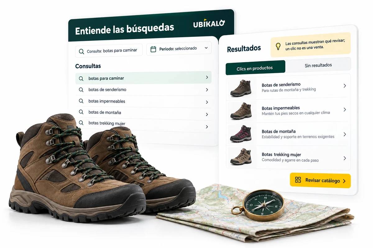 Ilustración de UBÍKALO: Entiende las búsquedas. Consulta: botas para caminar. Vista general para Analíticas del buscador ecommerce para entender qué necesitan tus clientes..