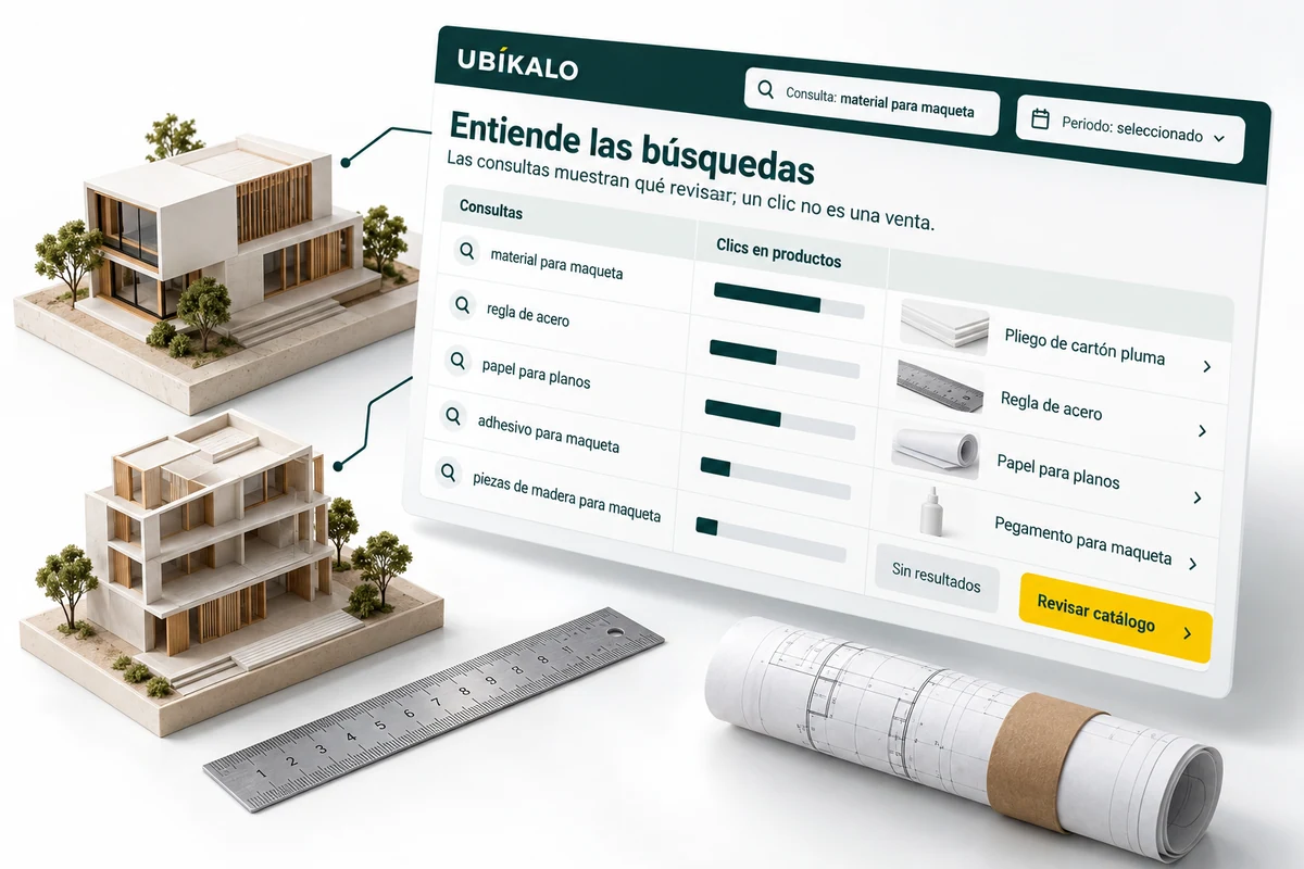 Ilustración de UBÍKALO: Entiende las búsquedas. Consulta: material para maqueta. Vista de configuración para Analíticas del buscador ecommerce para entender qué necesitan tus clientes..