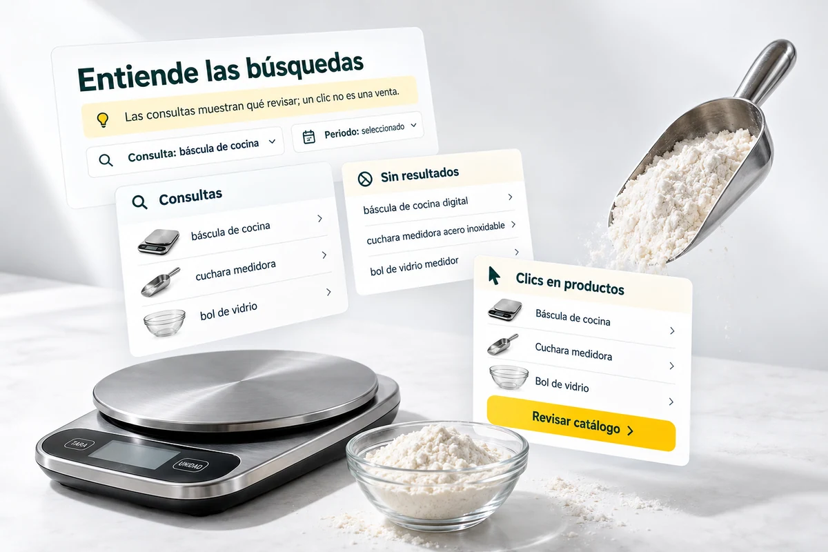 Ilustración de UBÍKALO: Entiende las búsquedas. Consulta: báscula de cocina. Vista de revisión para Analíticas del buscador ecommerce para entender qué necesitan tus clientes..