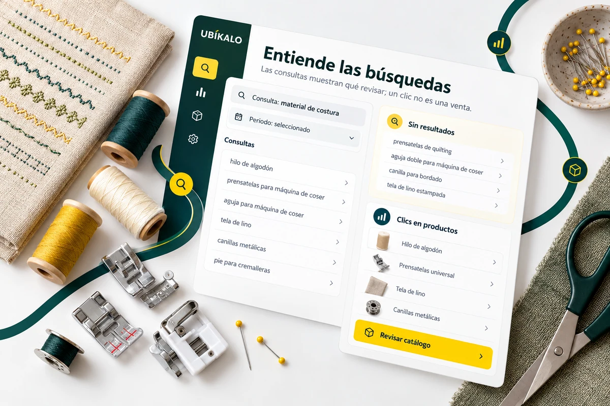 Ilustración de UBÍKALO: Entiende las búsquedas. Consulta: material de costura. Vista de exploración para Analíticas del buscador ecommerce para entender qué necesitan tus clientes..