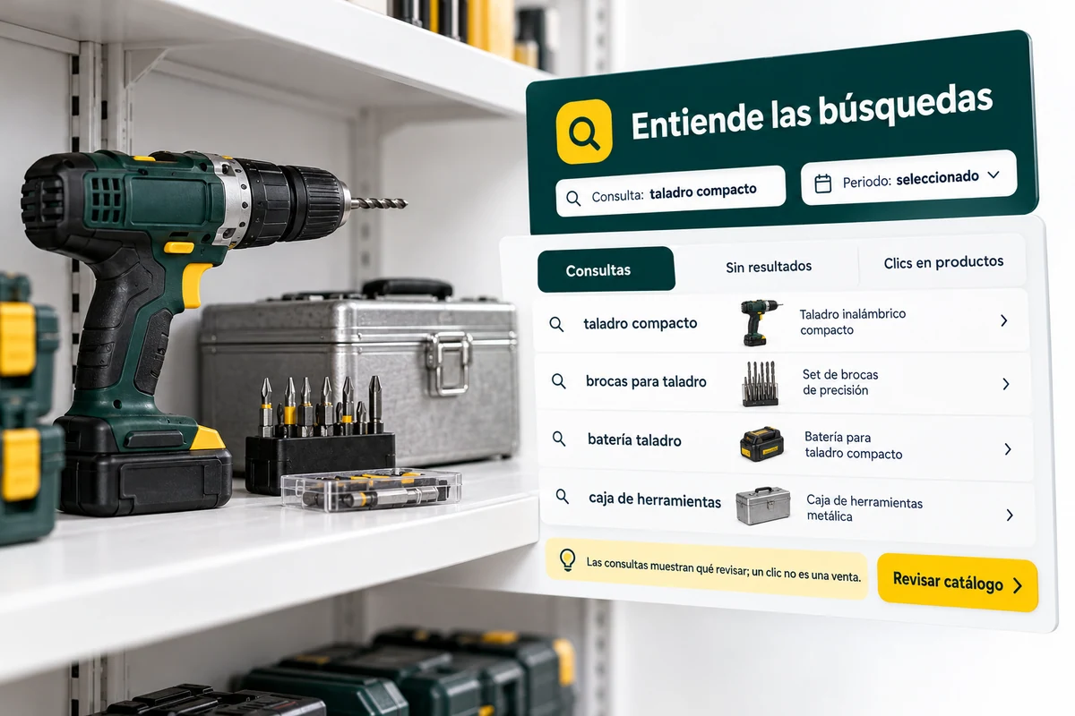 Ilustración de UBÍKALO: Entiende las búsquedas. Consulta: taladro compacto. Vista complementaria para Analíticas del buscador ecommerce para entender qué necesitan tus clientes..
