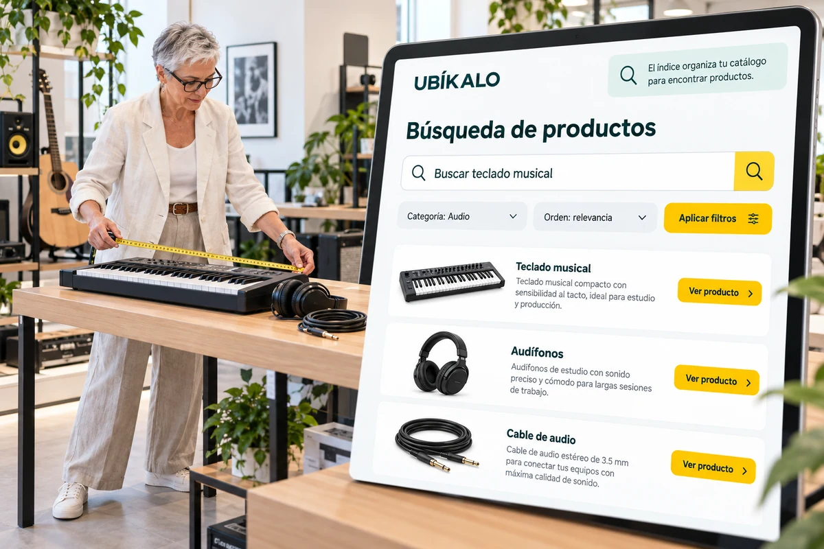 Ilustración de UBÍKALO: Búsqueda de productos. Buscar teclado musical. Vista general para Un buscador que se vea parte de tu tienda..