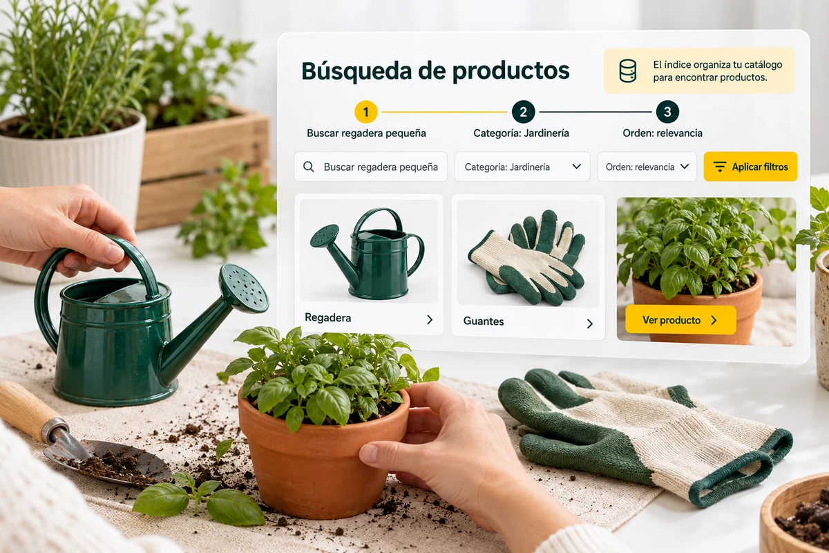 Ilustración de UBÍKALO: Búsqueda de productos. Buscar regadera pequeña. Vista de configuración para Un buscador que se vea parte de tu tienda..