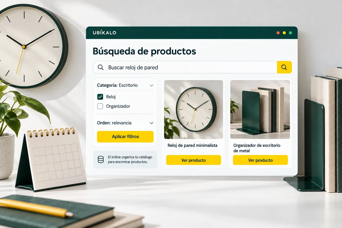 Ilustración de UBÍKALO: Búsqueda de productos. Buscar reloj de pared. Vista de revisión para Un buscador que se vea parte de tu tienda..