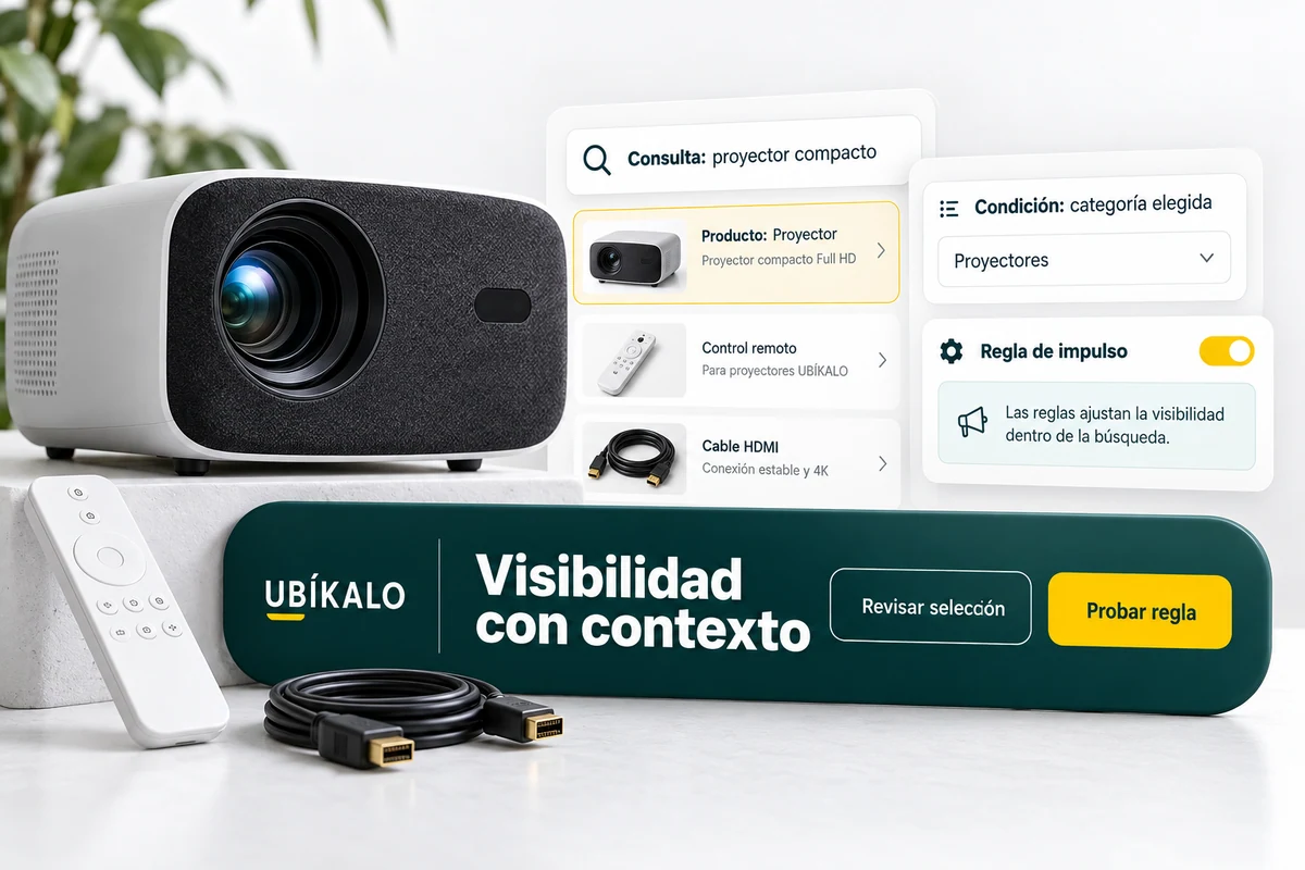 Ilustración de UBÍKALO: Visibilidad con contexto. Consulta: proyector compacto. Vista de configuración para Una campaña visible justo en el contexto de búsqueda..