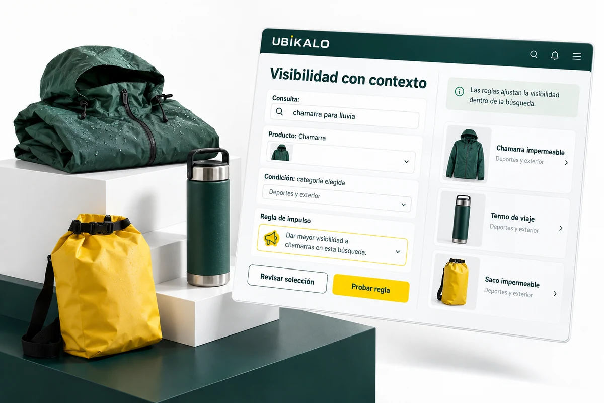 Ilustración de UBÍKALO: Visibilidad con contexto. Consulta: chamarra para lluvia. Vista de revisión para Una campaña visible justo en el contexto de búsqueda..