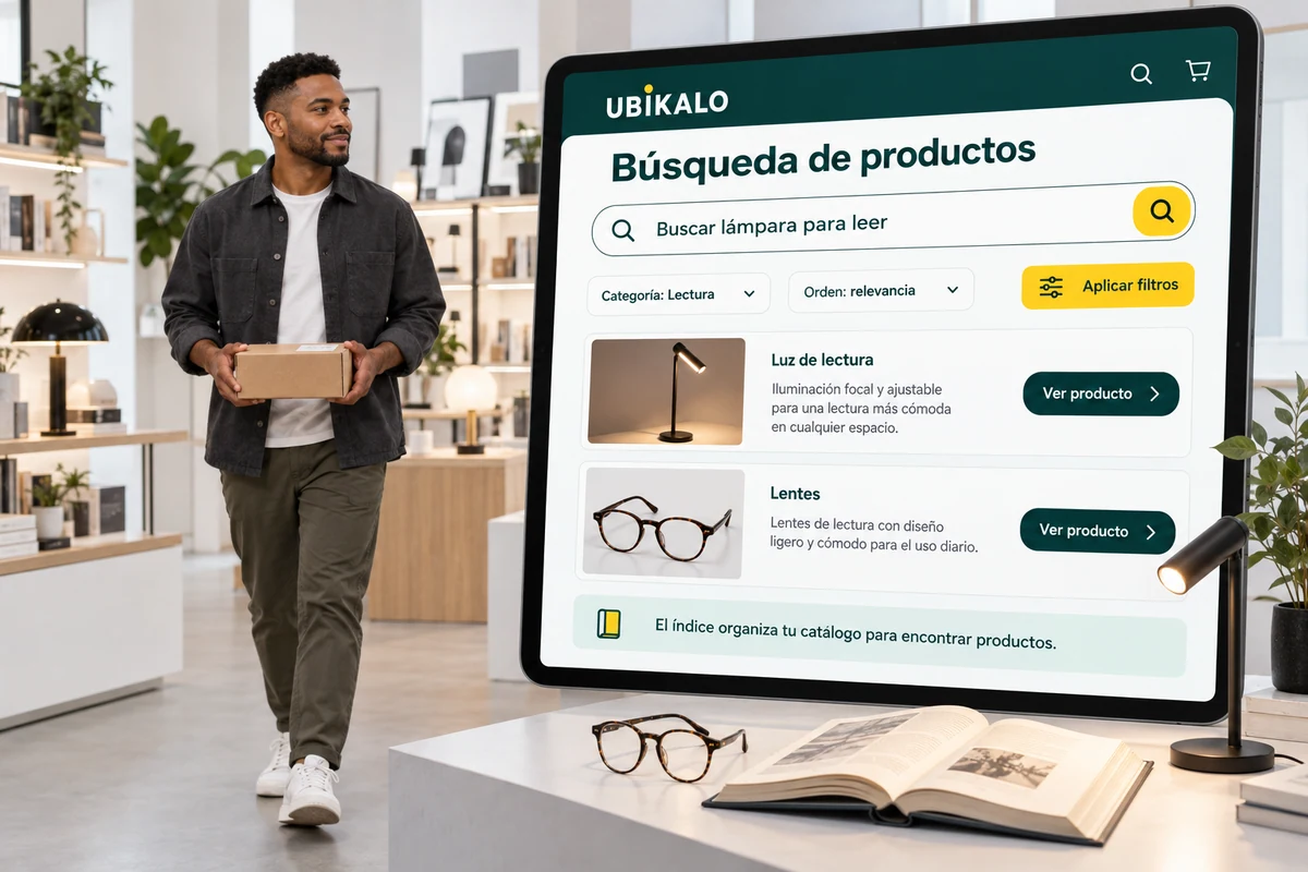 Ilustración de UBÍKALO: Búsqueda de productos. Buscar lámpara para leer. Vista general para Un buscador inteligente para ecommerce que acerca al cliente a su producto..