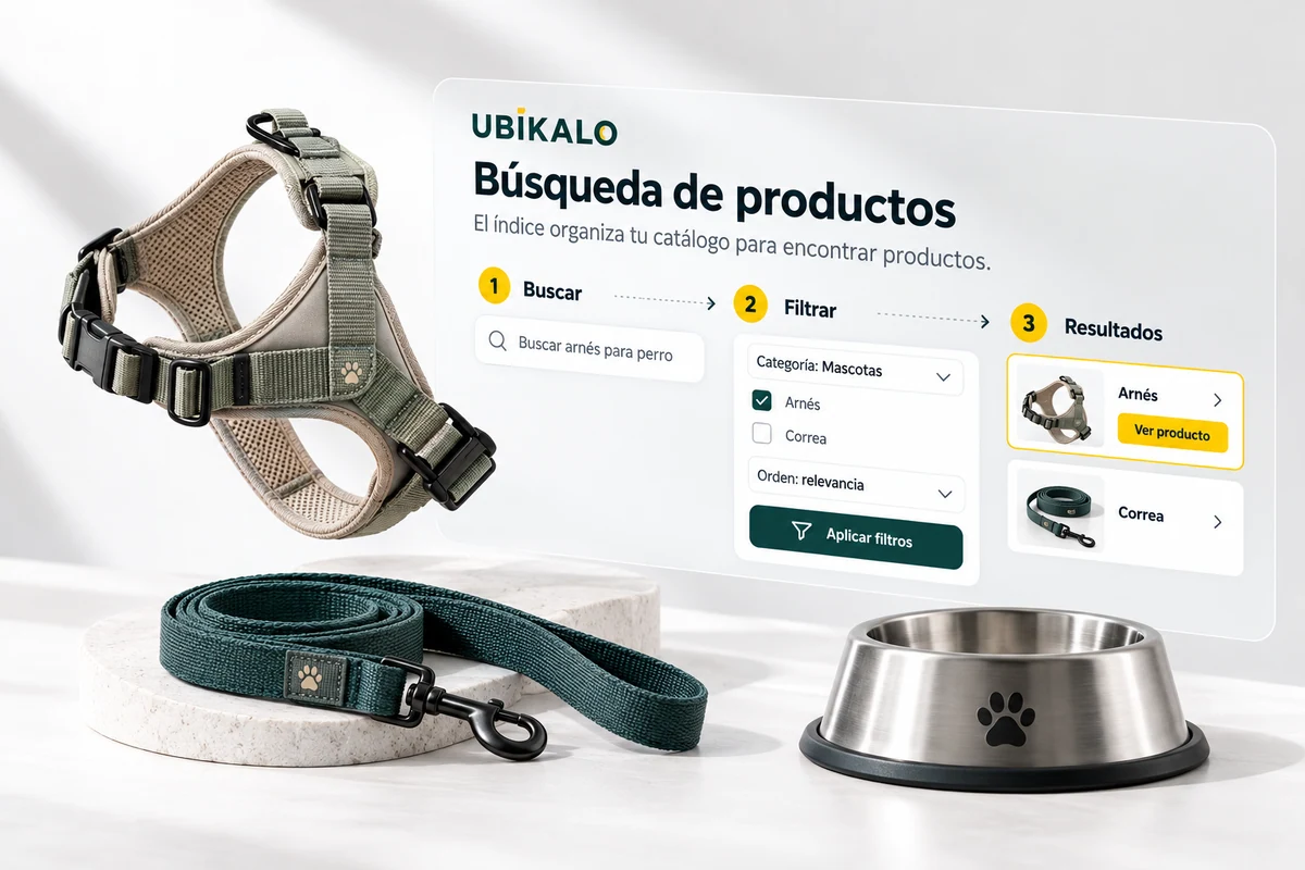 Ilustración de UBÍKALO: Búsqueda de productos. Buscar arnés para perro. Vista de configuración para Un buscador inteligente para ecommerce que acerca al cliente a su producto..