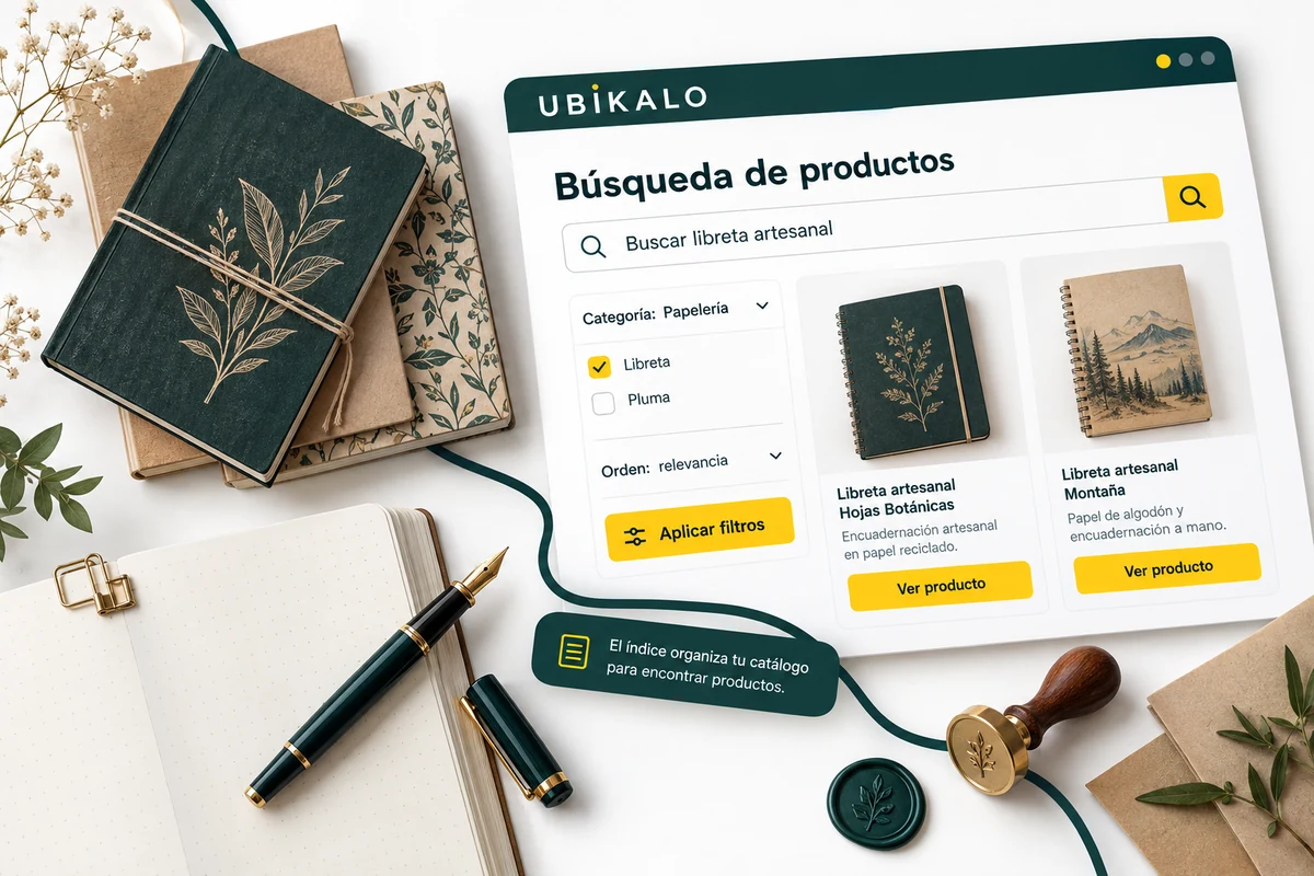 Ilustración de UBÍKALO: Búsqueda de productos. Buscar libreta artesanal. Vista de revisión para Un buscador inteligente para ecommerce que acerca al cliente a su producto..