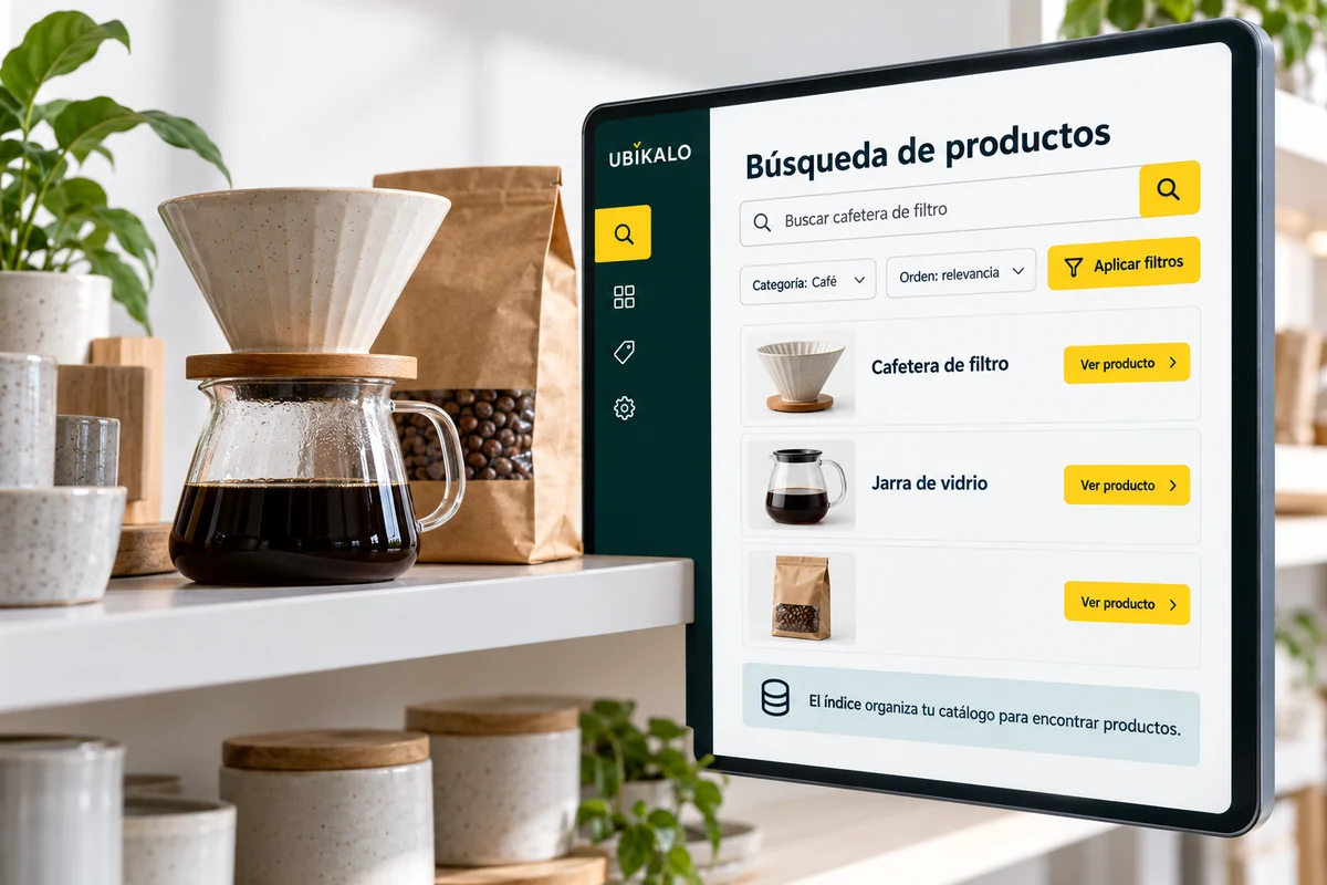 Ilustración de UBÍKALO: Búsqueda de productos. Buscar cafetera de filtro. Vista de exploración para Un buscador inteligente para ecommerce que acerca al cliente a su producto..