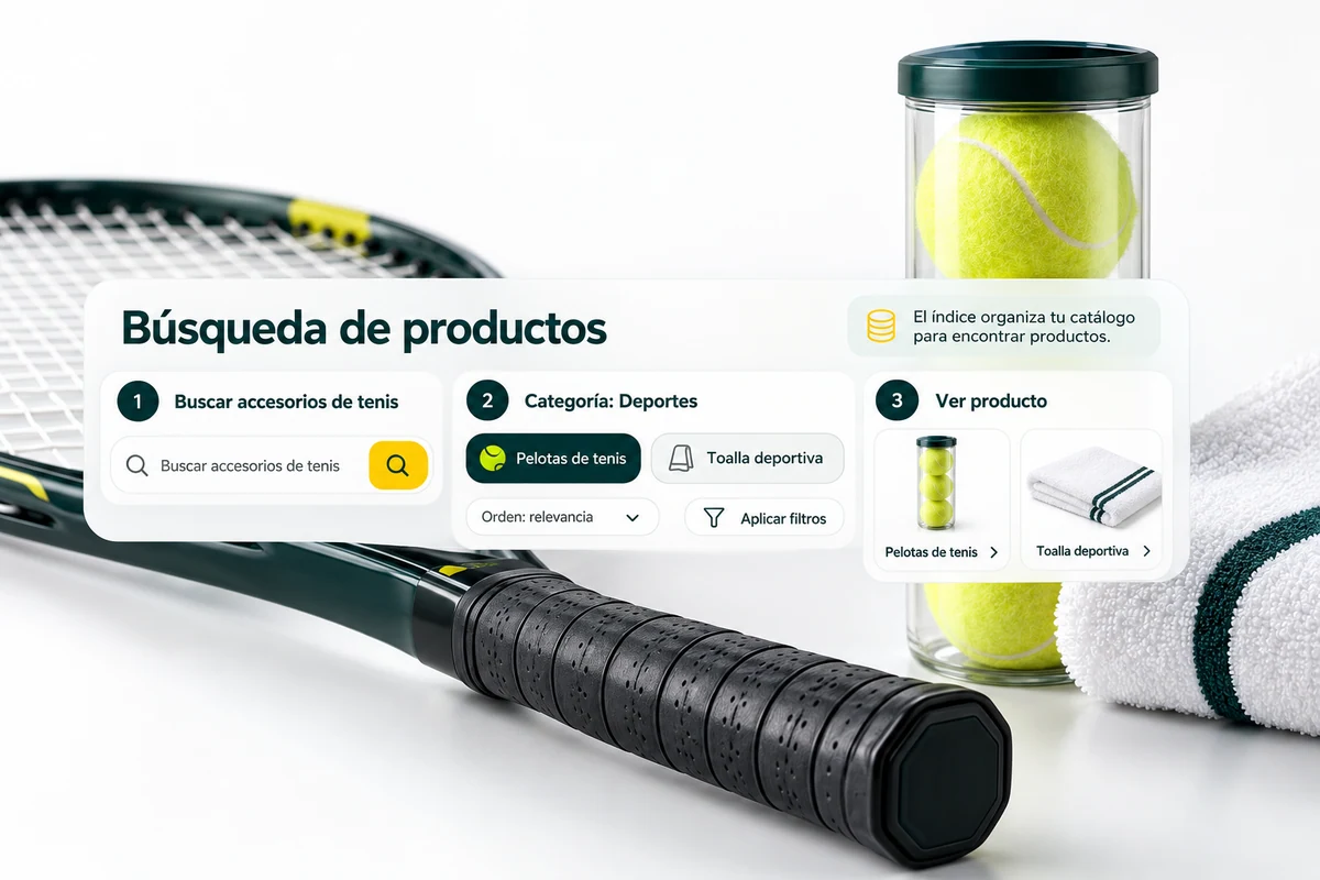 Ilustración de UBÍKALO: Búsqueda de productos. Buscar accesorios de tenis. Vista complementaria para Un buscador inteligente para ecommerce que acerca al cliente a su producto..