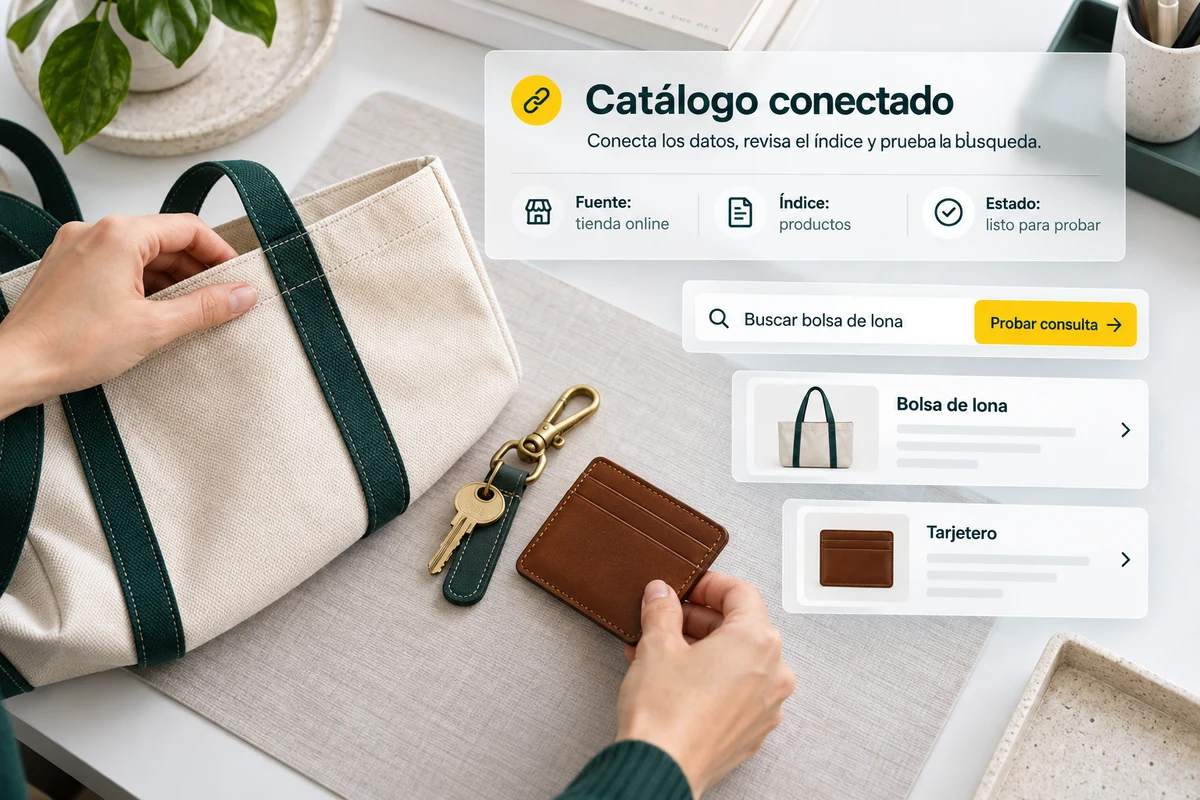 Ilustración de UBÍKALO: Catálogo conectado. Buscar bolsa de lona. Vista general para Tu catálogo, preparado para que lo encuentren..