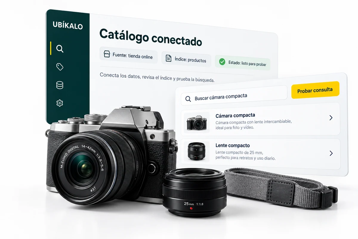 Ilustración de UBÍKALO: Catálogo conectado. Buscar cámara compacta. Vista de revisión para Tu catálogo, preparado para que lo encuentren..