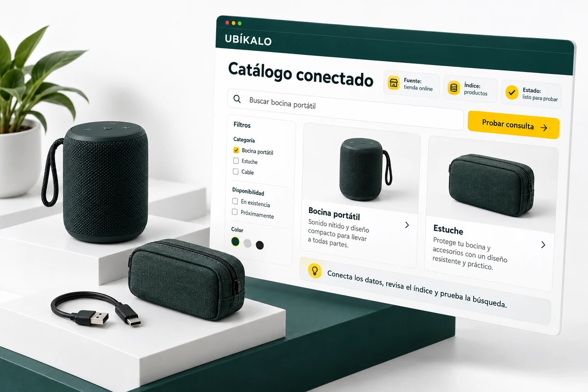 UBÍKALO Illustration: Connected Catalog. Buscar bocina portátil. Configuration view for Start with a store and a test that you can check.