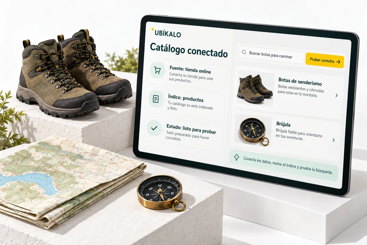 UBÍKALO Illustration: Connected Catalog. Look for walking boots. Review view for Start with a store and a test that you can check.