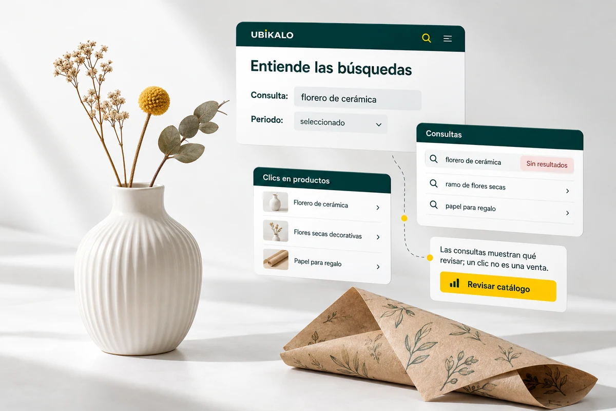 Ilustración de UBÍKALO: Entiende las búsquedas. Consulta: florero de cerámica. Vista general para Cuando una búsqueda queda vacía, hay algo que investigar..