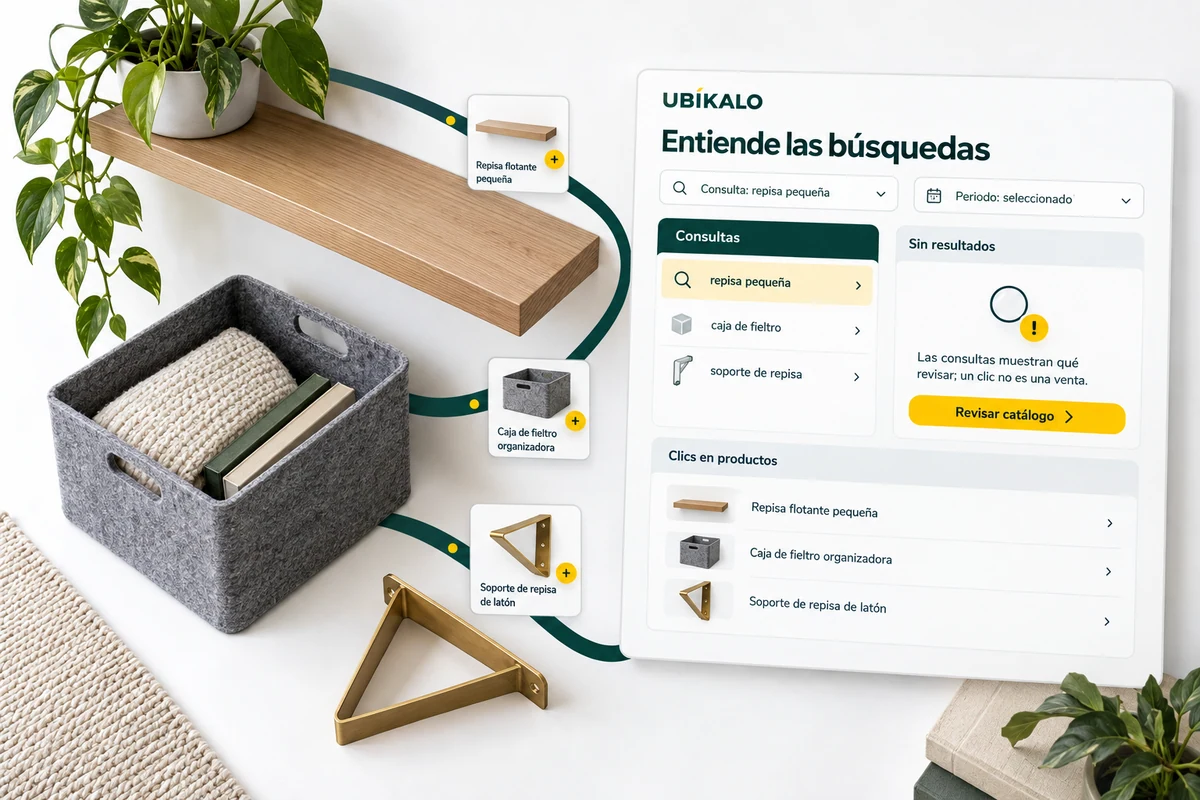 Ilustración de UBÍKALO: Entiende las búsquedas. Consulta: repisa pequeña. Vista de configuración para Cuando una búsqueda queda vacía, hay algo que investigar..