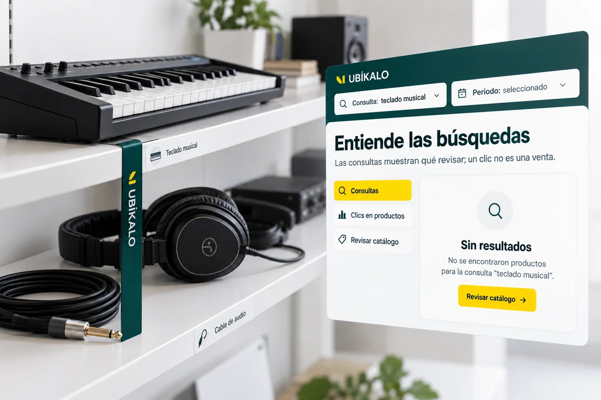 Ilustración de UBÍKALO: Entiende las búsquedas. Consulta: teclado musical. Vista de revisión para Cuando una búsqueda queda vacía, hay algo que investigar..