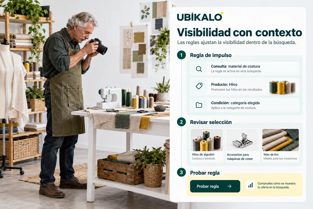 Illustration by UBÍKALO: Visibility with context. Query: sewing material. General view to Make your offer visible without disconnecting it from what they are looking for.