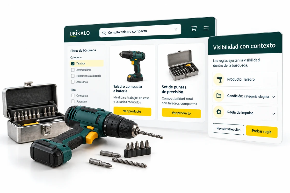 Illustration by UBÍKALO: Visibility with context. Consultation: compact drill. Configuration view to make your offer visible without disconnecting it from what they are looking for.