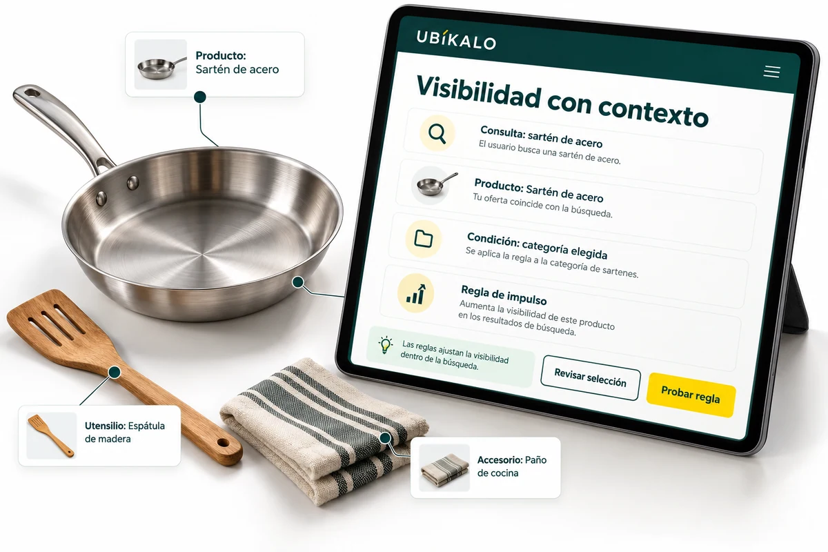 Illustration by UBÍKALO: Visibility with context. Query: steel frying pan. Review view to make your offer visible without disconnecting it from what they are looking for.