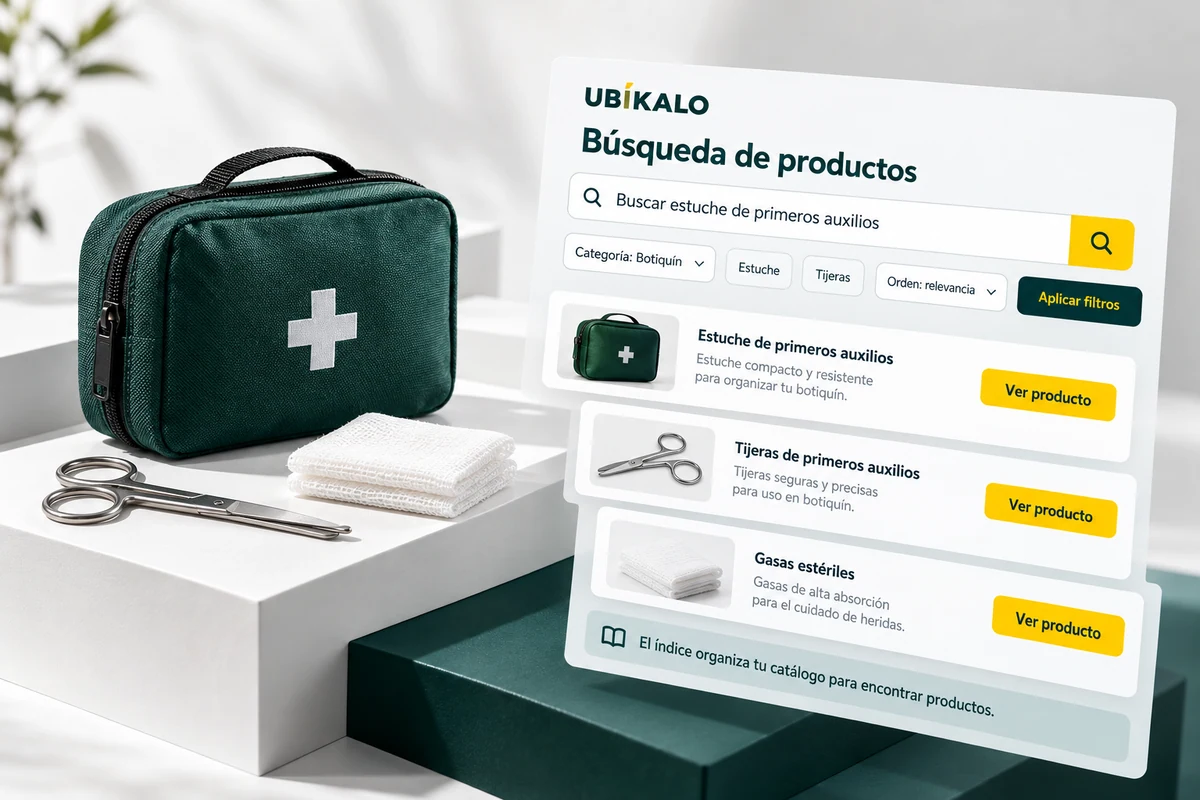 Ilustración de UBÍKALO: Búsqueda de productos. Buscar estuche de primeros auxilios. Vista general para De «necesito algo así» a una ficha que merece abrirse..