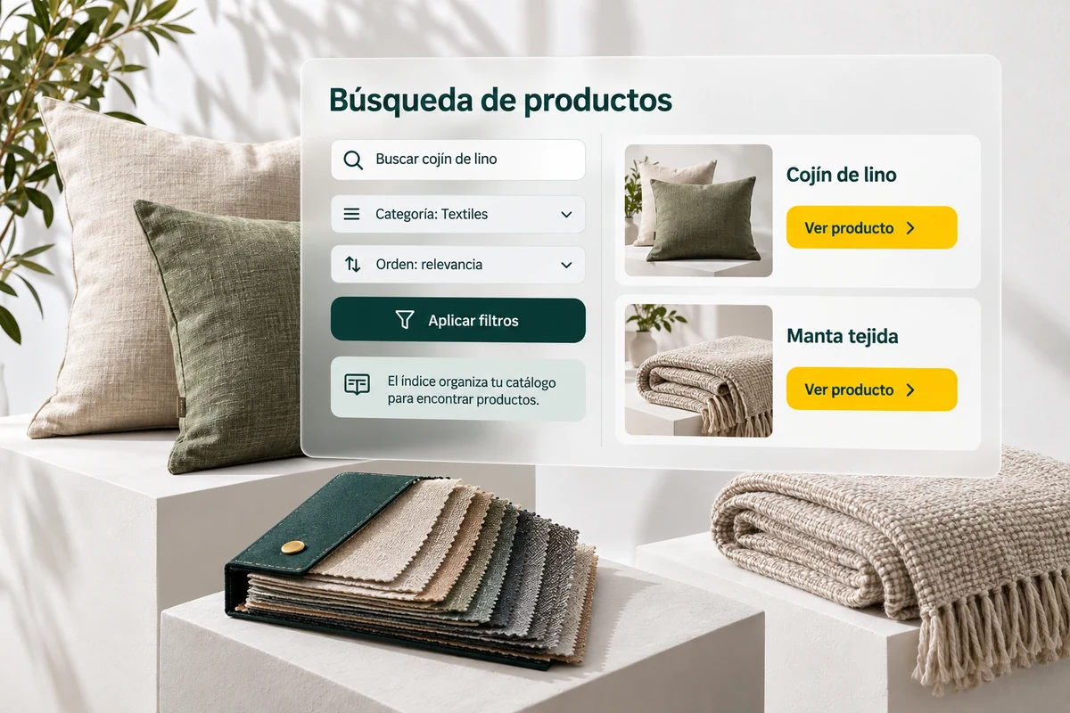 Ilustración de UBÍKALO: Búsqueda de productos. Buscar cojín de lino. Vista de configuración para De «necesito algo así» a una ficha que merece abrirse..