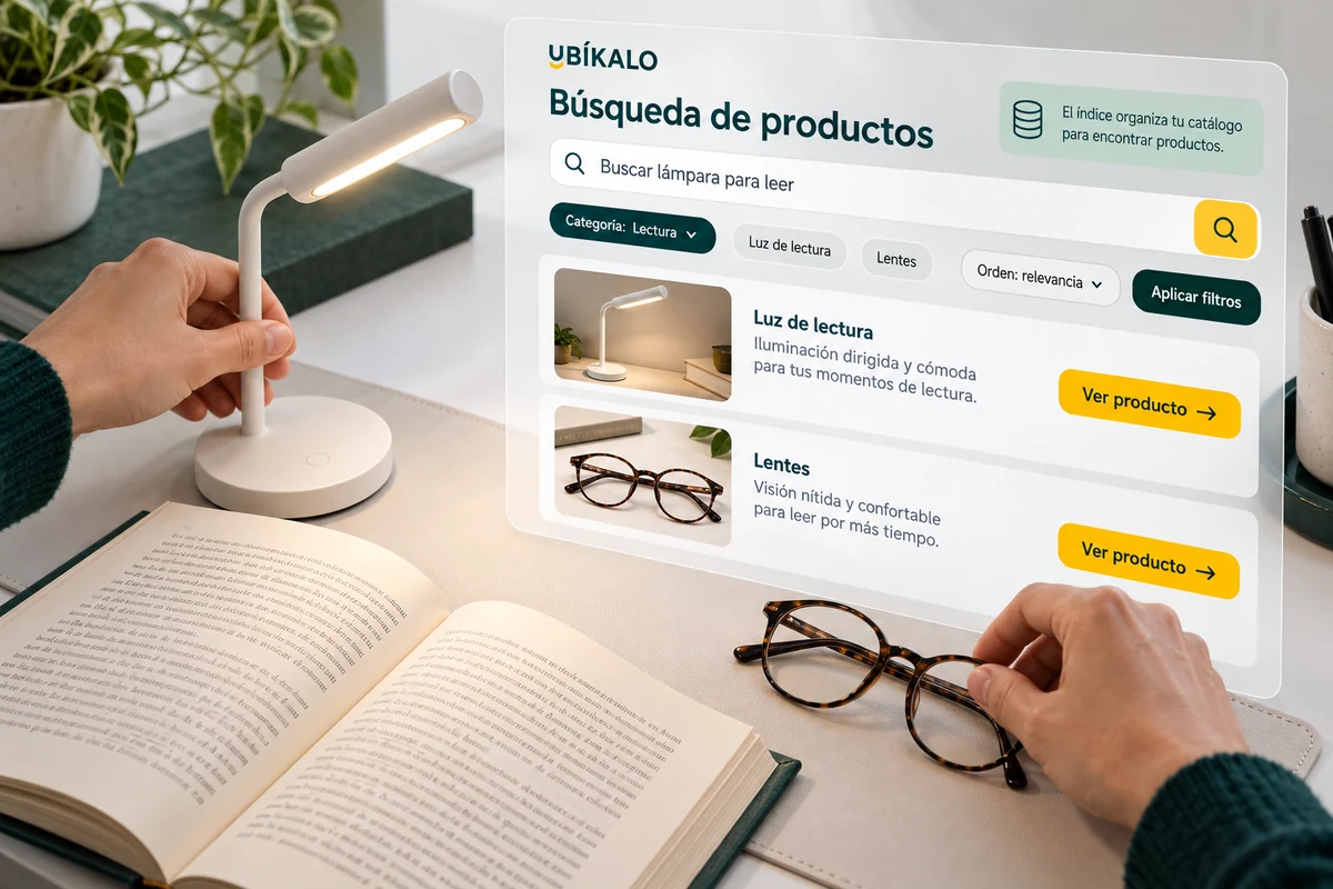 Ilustración de UBÍKALO: Búsqueda de productos. Buscar lámpara para leer. Vista de revisión para De «necesito algo así» a una ficha que merece abrirse..