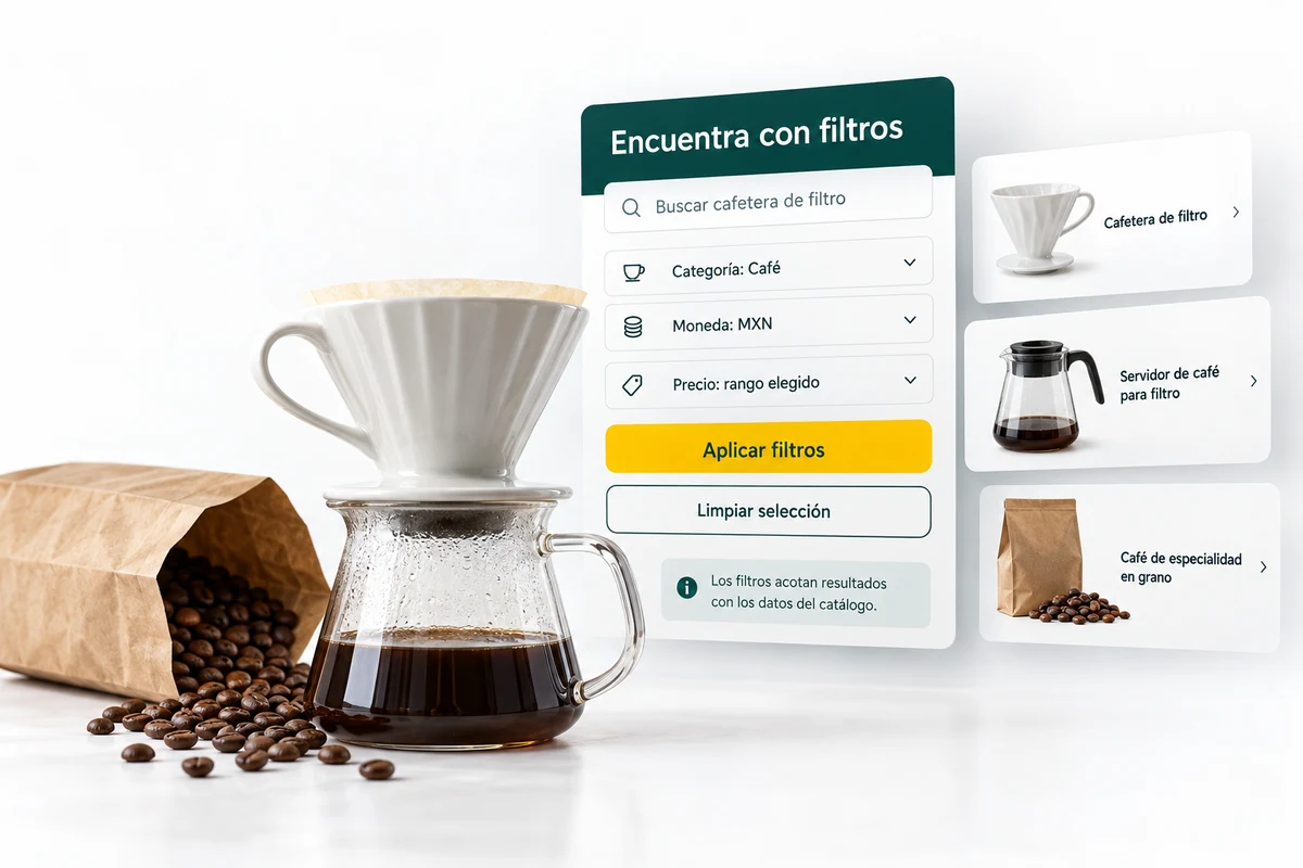 Ilustración de UBÍKALO: Encuentra con filtros. Buscar cafetera de filtro. Vista general para Un presupuesto claro. Una selección que tenga sentido..