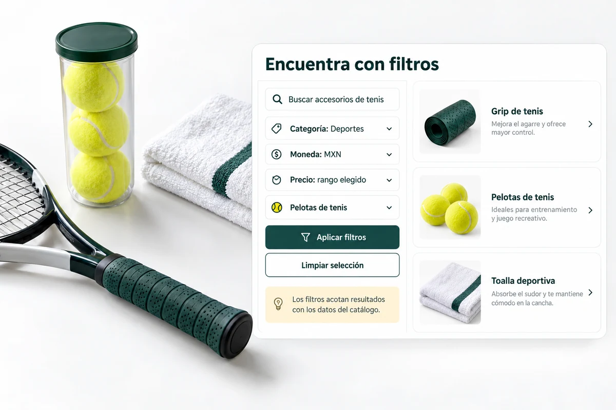 Ilustración de UBÍKALO: Encuentra con filtros. Buscar accesorios de tenis. Vista de configuración para Un presupuesto claro. Una selección que tenga sentido..